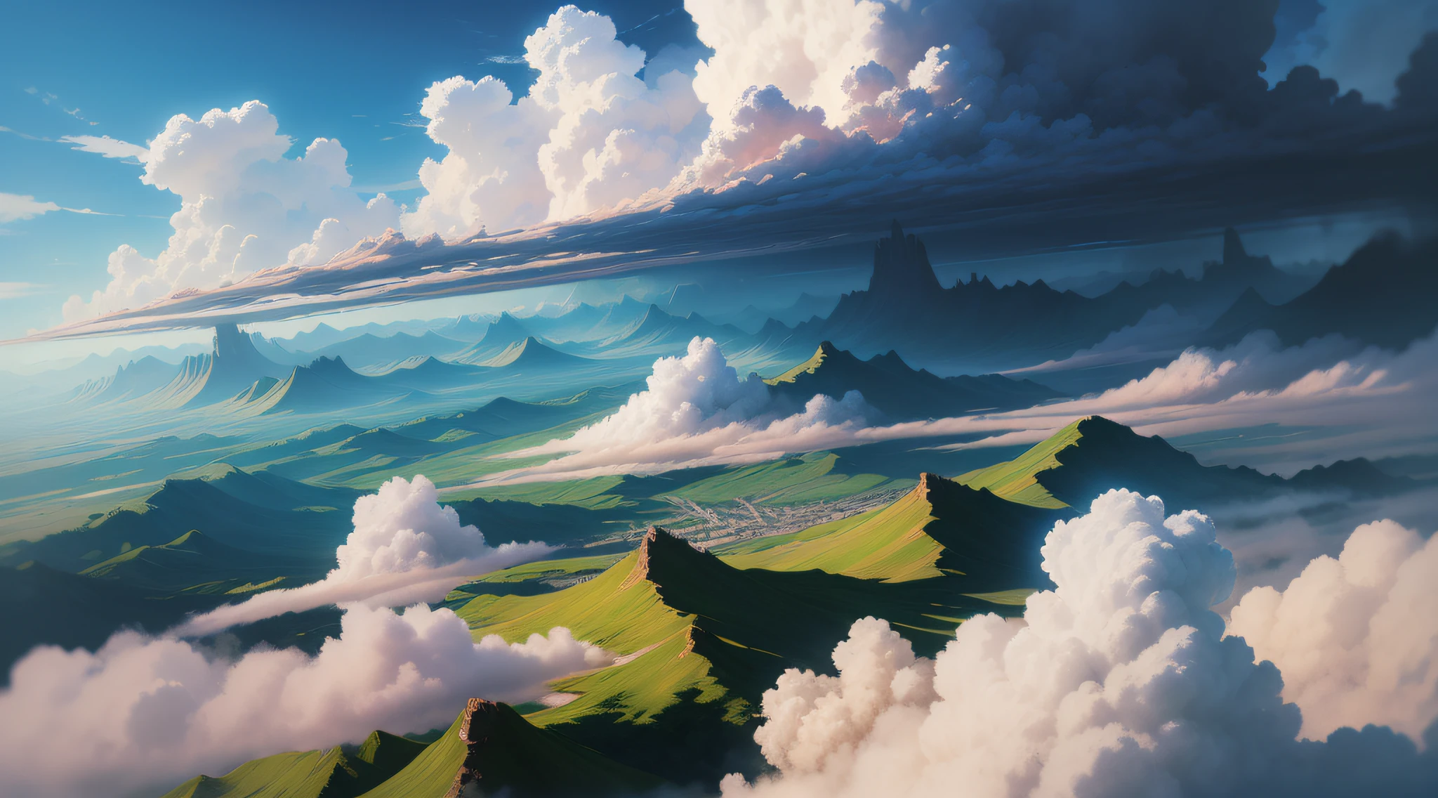 (importante qualidade), estilo anime, Magnificent floating clouds, Blue sky with beautiful clouds, nuvens passageiras, (enfoque na atmosfera), efeito de anime intensificado, paisagem surreais, dramatic expression.