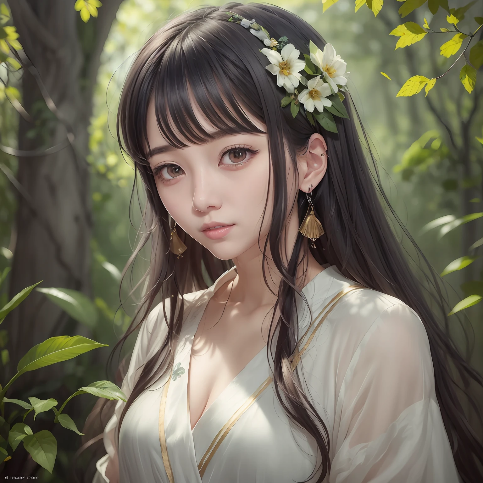 arafed asian woman with flower in hair in a forest, Guviz-style artwork, a beautiful anime portrait, Guviz, Beautiful anime girl, Guweiz in Pixiv ArtStation, Guweiz on ArtStation Pixiv, detailed portrait of an anime girl, portrait anime girl, guweiz masterpiece, beautiful anime woman, Stunning anime face portrait