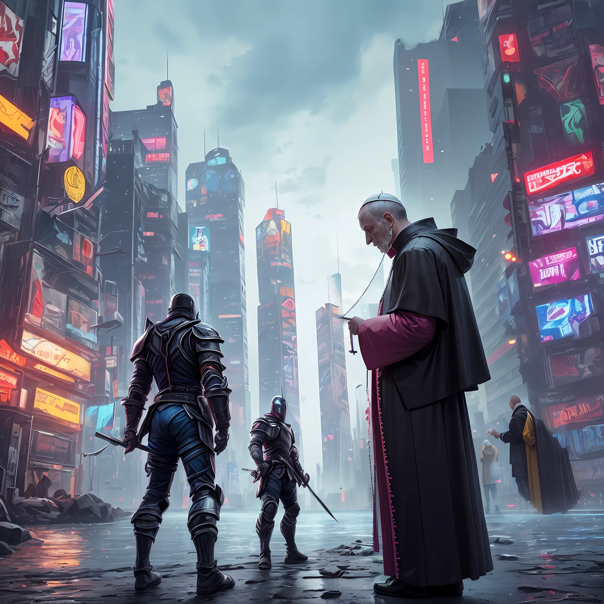 A cyberpunk-style pope holds a cross in prayer