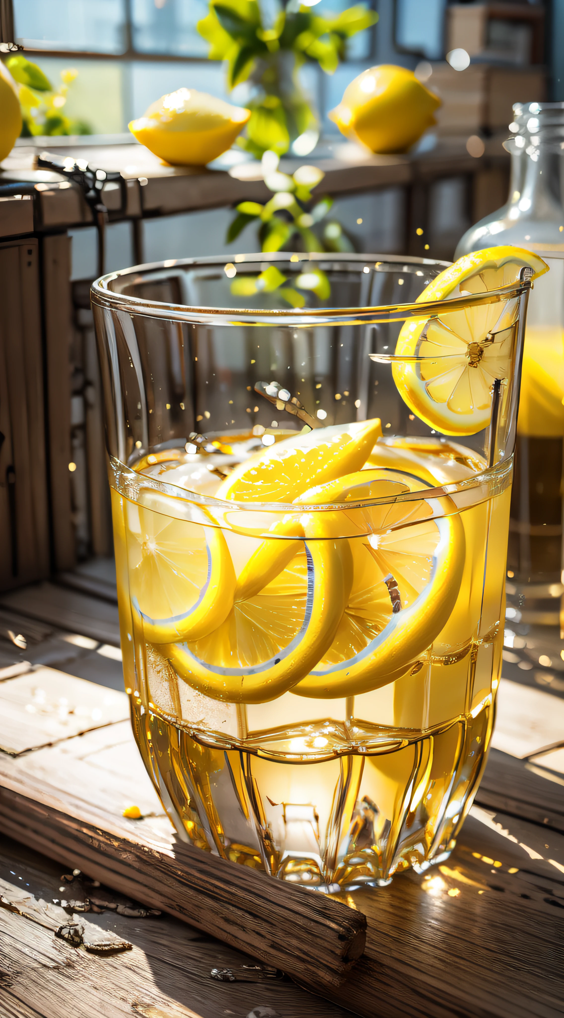 Glass showcase，lemon juice，lemons