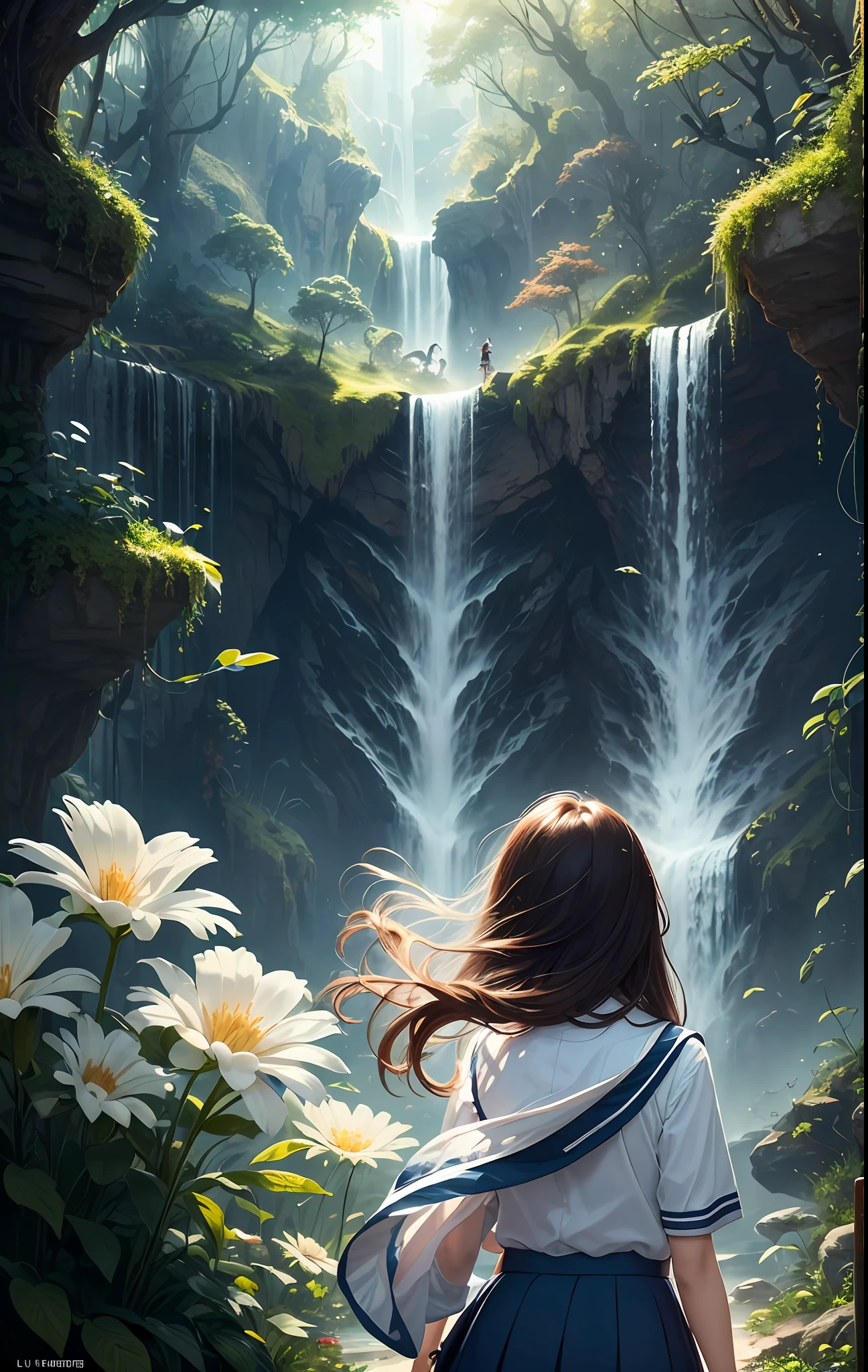 ((巨作)), (((Best quality))), ((Ultra-detailed)), (Amazing:1.1), A back view of a high school girl, ((A beautiful high school girl lost in a surreal world of dreamlike landscapes)), A high school girl shopping in a mysterious shopping street, A floating island in the sky, A waterfall flows from the floating island, (17 yr old), people in the back, Flowers, wind flow, (((in school uniform))), Black eyes, Black hair, White socks, 8 life size, detailed hairstyles, detailed bodyline, Realistic, (((fantasy))), frontier, surrealism, in deep forest, concept-art, primitive, Detailed background, the complex background, wall-paper, poster for, Sharp focus, hyperphotorealism, insanely details, lush detail, filigree, intricate complexity, crystallic, perfectionism, max detail, 4K ultra HD,