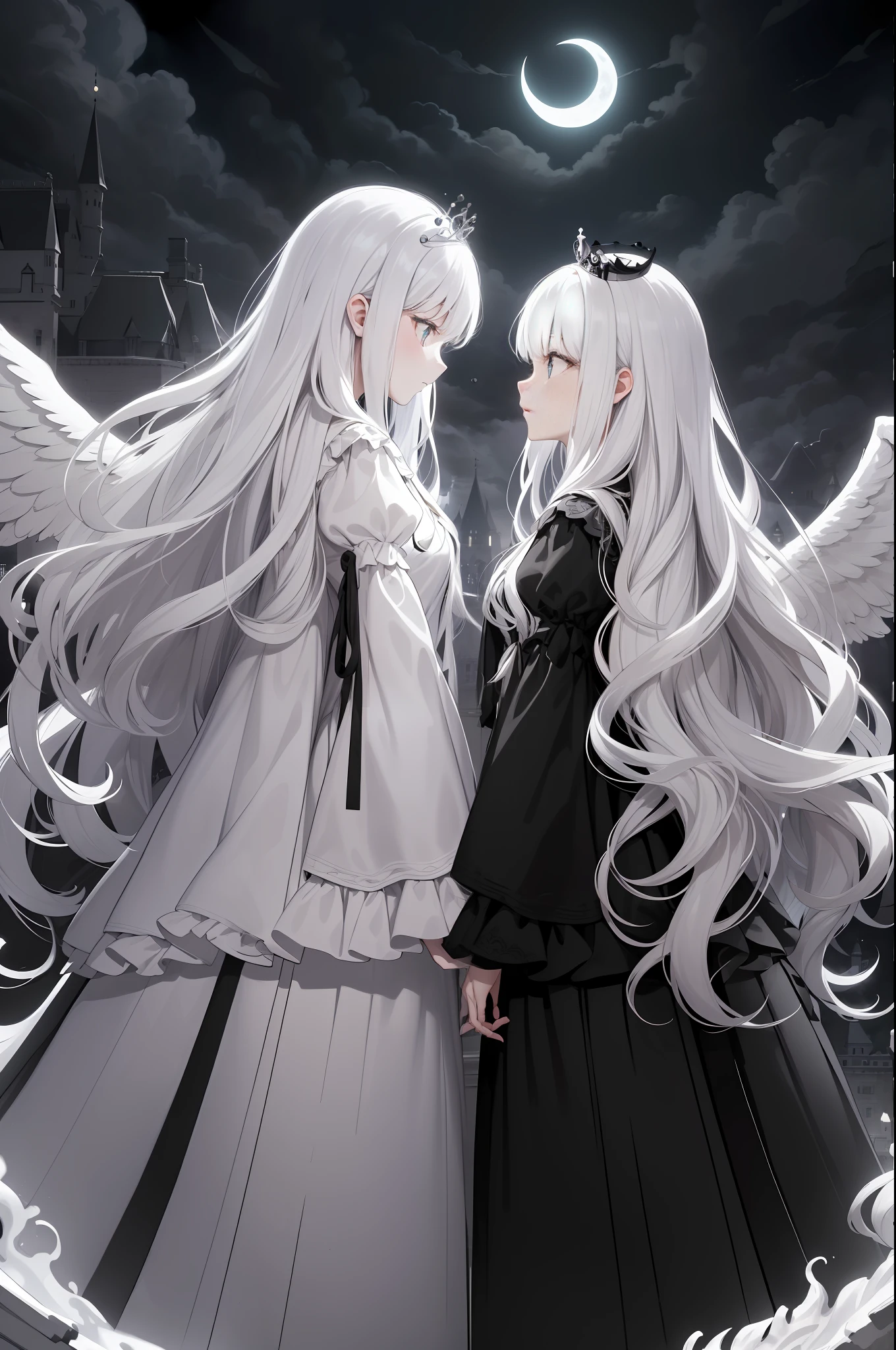 very best quality,Extremely detailed CG unity 8k,Close-up of,illustratio,depth of fields,cowboy lens,The role is centered,symmetrical composition,(Twins,2girls,an angel,devils,wings),Wolf tail,Wolf ears,Very long hair,dishevled hair,ldisheveled hair, ,(beautiful detailed eyes),(tiara crown:1.1),pleatedskirt,puffy long sleeves,(themoon:1.2),((black cloud)),(((Flowing transparent black))),(Floating black clouds:1.2 ), architectural, depth of fields, the castle,( Black and white fusion, Black and white lines,Line drawings, monocrome,sketching)
