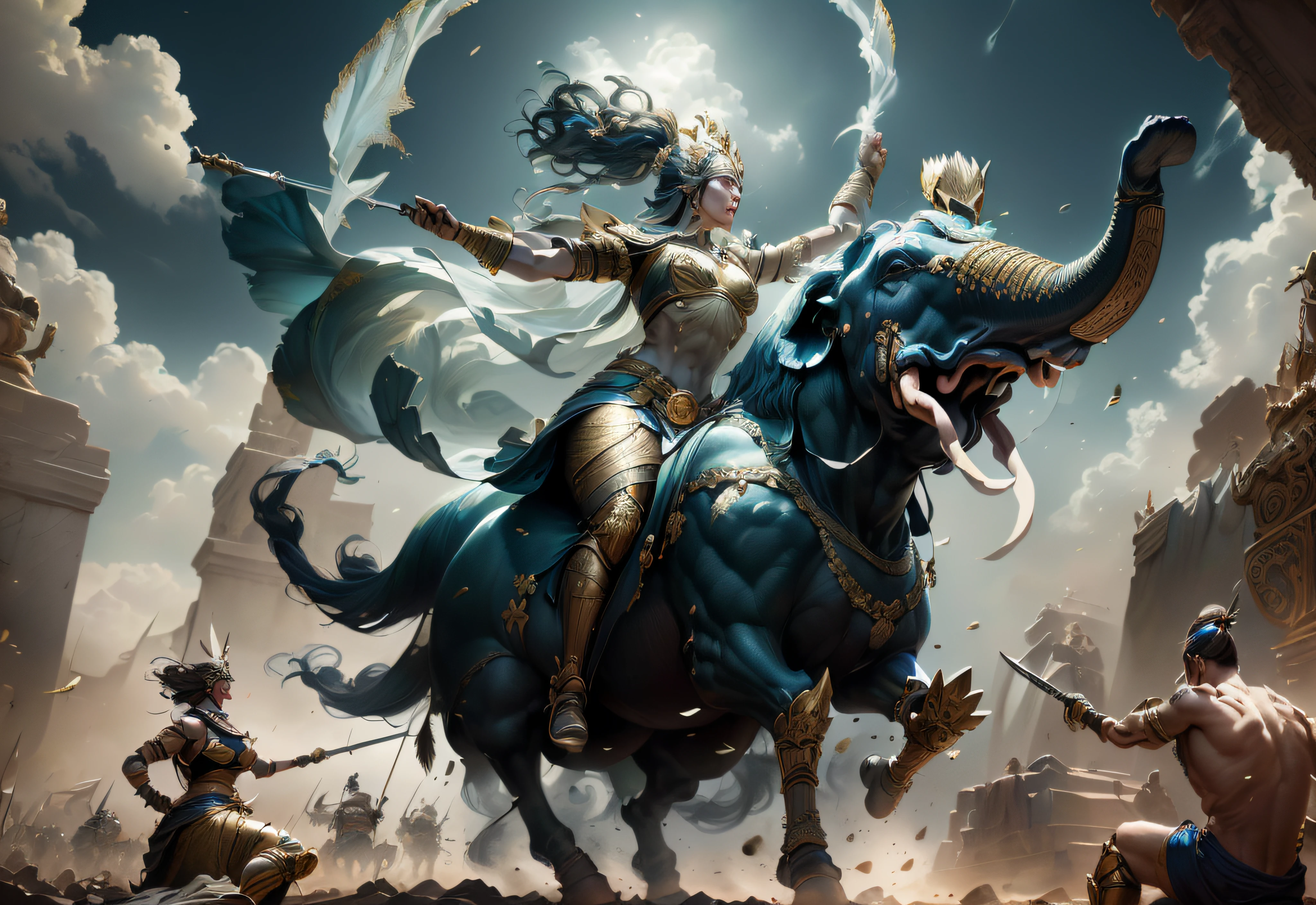 two women Riding an giant elephant, a mature female, many soldiers outside, female muscle, full body, stand, cinematic screen, ethereal, detailed, alluring succubus, ethereal beauty, perched on a cloud, (fantasy illustration:1.3), enchanting gaze, captivating pose, otherworldly charm, mystical sky, soft colors, (detailed cloudscape:1.3), (high-resolution:1.2), ((masterpiece)), (best quality), HDR, ((masterpiece)), (best quality), HDR, FEMME, Mirela Anton art Style, artistic, Soft color palette, windblown flowers, Sparkle, magical photography, Soft smooth lighting, Light background,[light smile], expressionless, On a vain this grand ancient battlefield, the ancient army engaged in intense combat with war chariots rushing forward and ancient warriors wielding swords and engaging in fierce battles. Blood splattered, weapons and armor were broken, and battle flags fluttered in the wind, symbolizing victory and glory. The war chariots charged forward, causing the ground to shake and metal sounds to ring out like thunder, stirring the enthusiasm of the warriors. The entire battlefield was filled with swords, blood, and flesh flying around. The warriors fought with all their might, exchanging their lives and blood for the victory of this war. The dust and smoke on the ground spread, and with each sword and explosion, the entire battlefield became even more majestic. However, the cost of the war was tragic, with countless soldiers falling on the battlefield, and their sacrifice was etched into the glorious history of the nation. hdr, (photorealism, masterpiece quality, best quality),