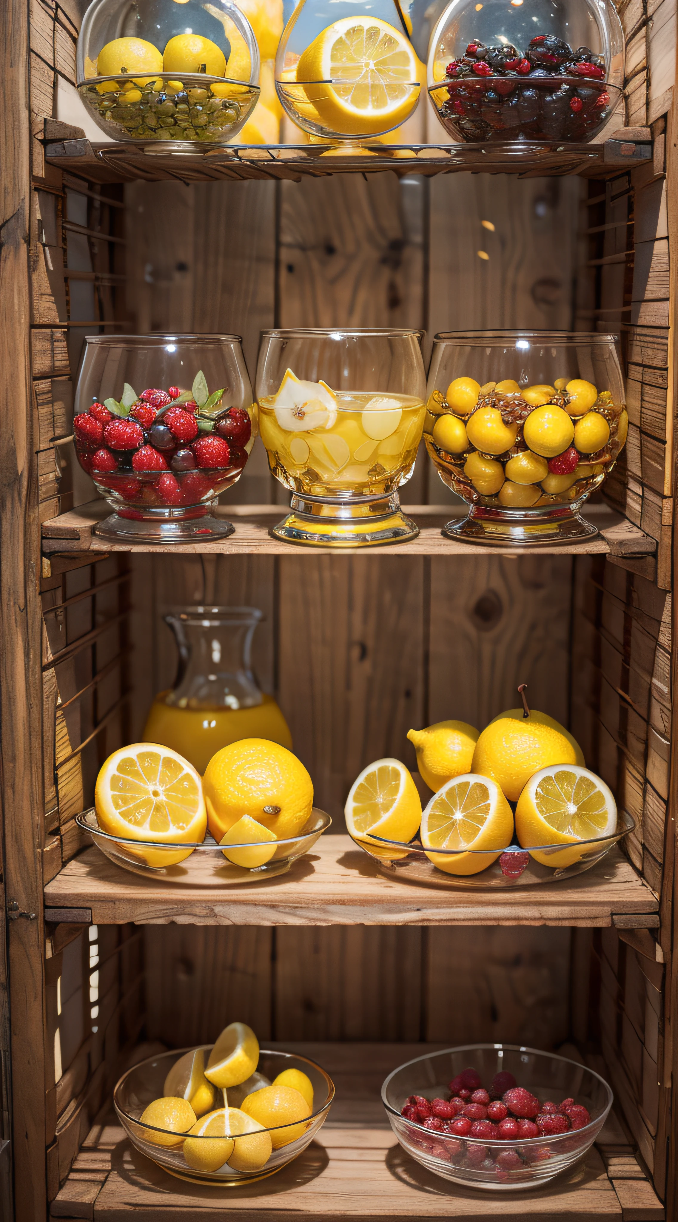 Glass showcase，Various fruits，lemon juice，