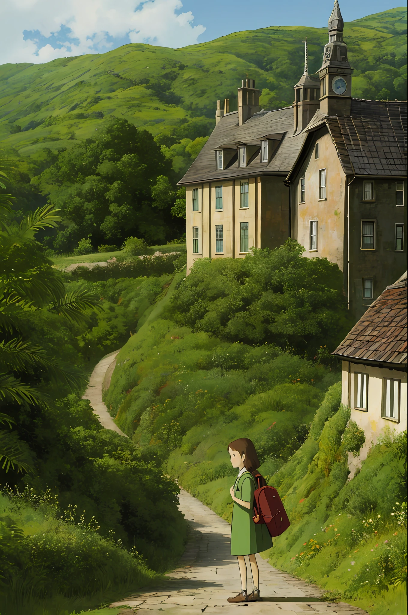 stands Arrietty 'Ett' Clock near Behind her a group of houses and mysterious roads The Secret World of Arrietty
