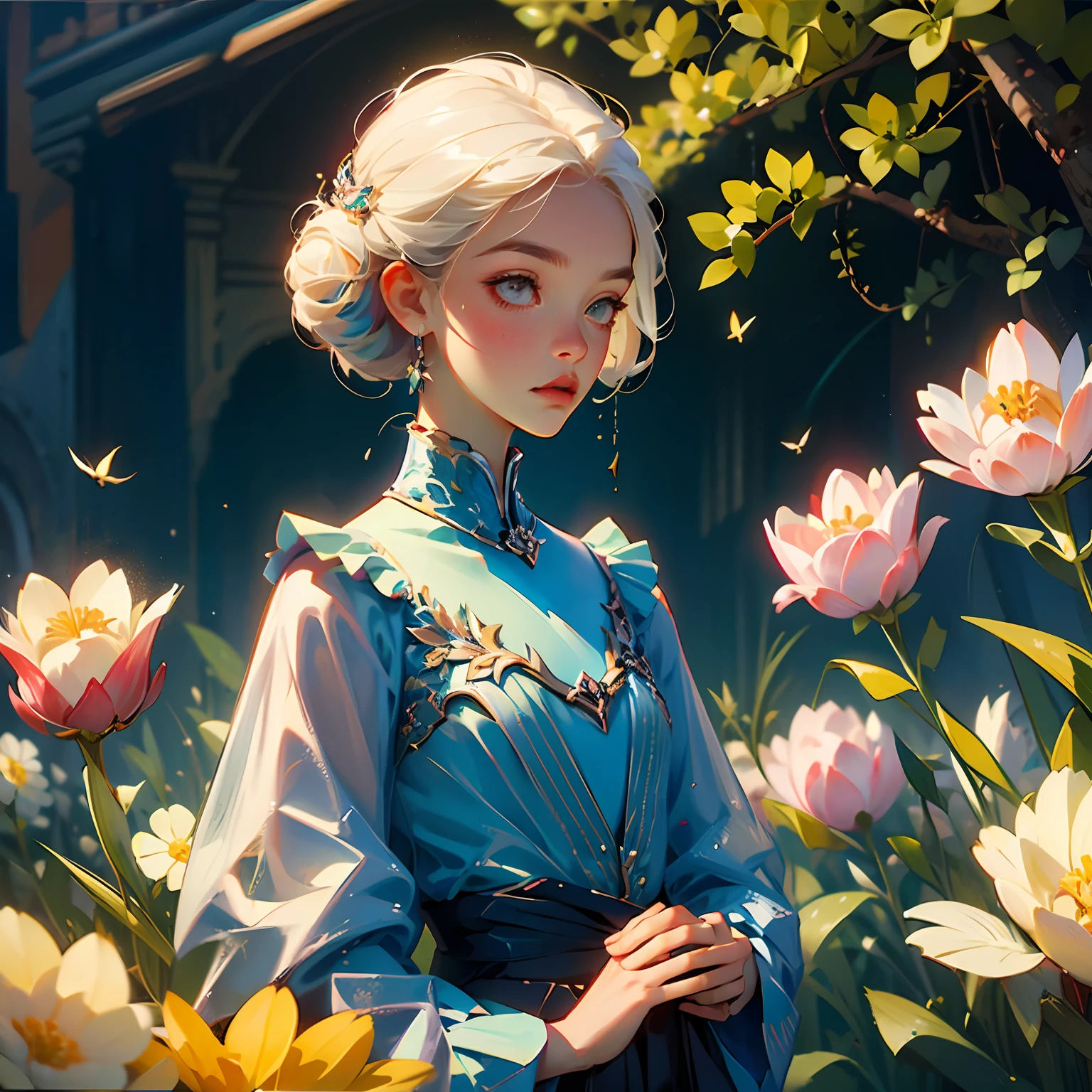 flower sea，rosette，lilie，tulips，butterflys，A boy with，Upper body body --auto