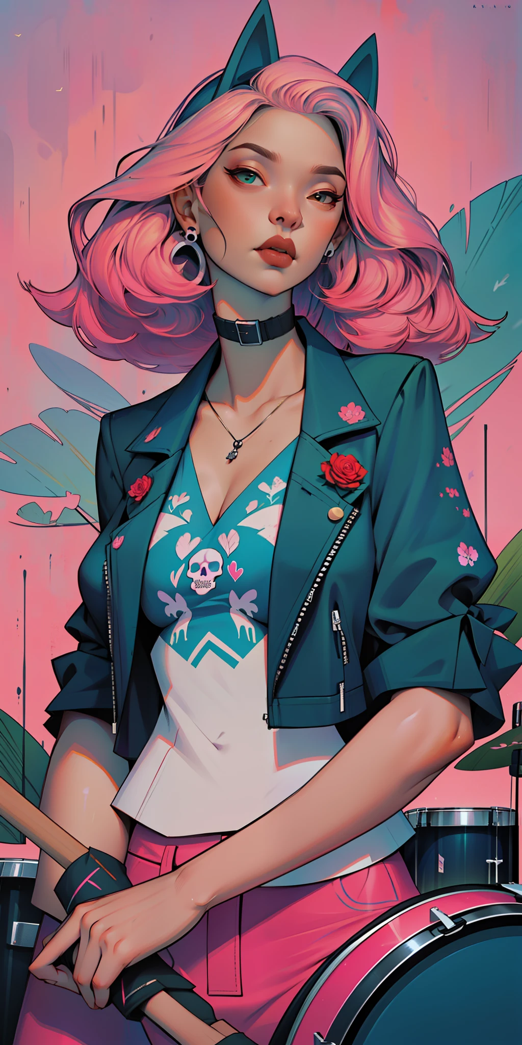 Background, In chic boho style, in club, Ice cream print, multi-colored neon lights, neon garlands, rose hair, mixed-language_SMS, Japanese, (beautiful and clear background:1.2),, fantastic paintings ,graffit style, highly detail eyes , underwear, lace, latex, Pink, Purple, mint, Blue, Yellow, belve, lavender hair, Skull Print, body piercings, Loving, Love, ultra detail hair, Masterpiece, Best Quality, hiquality, hight resolution, detail enhancement, ((most beautiful image in the world)), Masterpiece, Best Quality, hiquality, hight resolution, detail enhancement, ((most beautiful image ), Shiny pink degrade hair, Ultra Short Fitted Stampa, art by stjepan sejic, art by j scott campbell, Artist Guillem March, art by citemer liu, 4k, hight resolution, comic book character, comic, high quality detailed, style of ::2.0 comix illustration style,tatoon style, hiquality, hight resolution, detail enhancement, 8K, HD, Best Quality, hiquality, hight resolution, detail enhancement, 8K, HDR, sharp-focus, Ultra Detailed, perfect lighting, Curvy Body, Lush breasts, Curvy hips, skull print on clothes, rock, rock star, Cool,black leather jacket with skull print, style of, spikes, Punk Rock, Wolf, Cat's ears, Cool bracelets, Choker, calavera, gotik, Skinny, (((Plays drums))) Plays drums, Plays, Drums, drams drummer, drumsticks, virtuoso, Angel, feathers, скелет print, cacti, Succulents