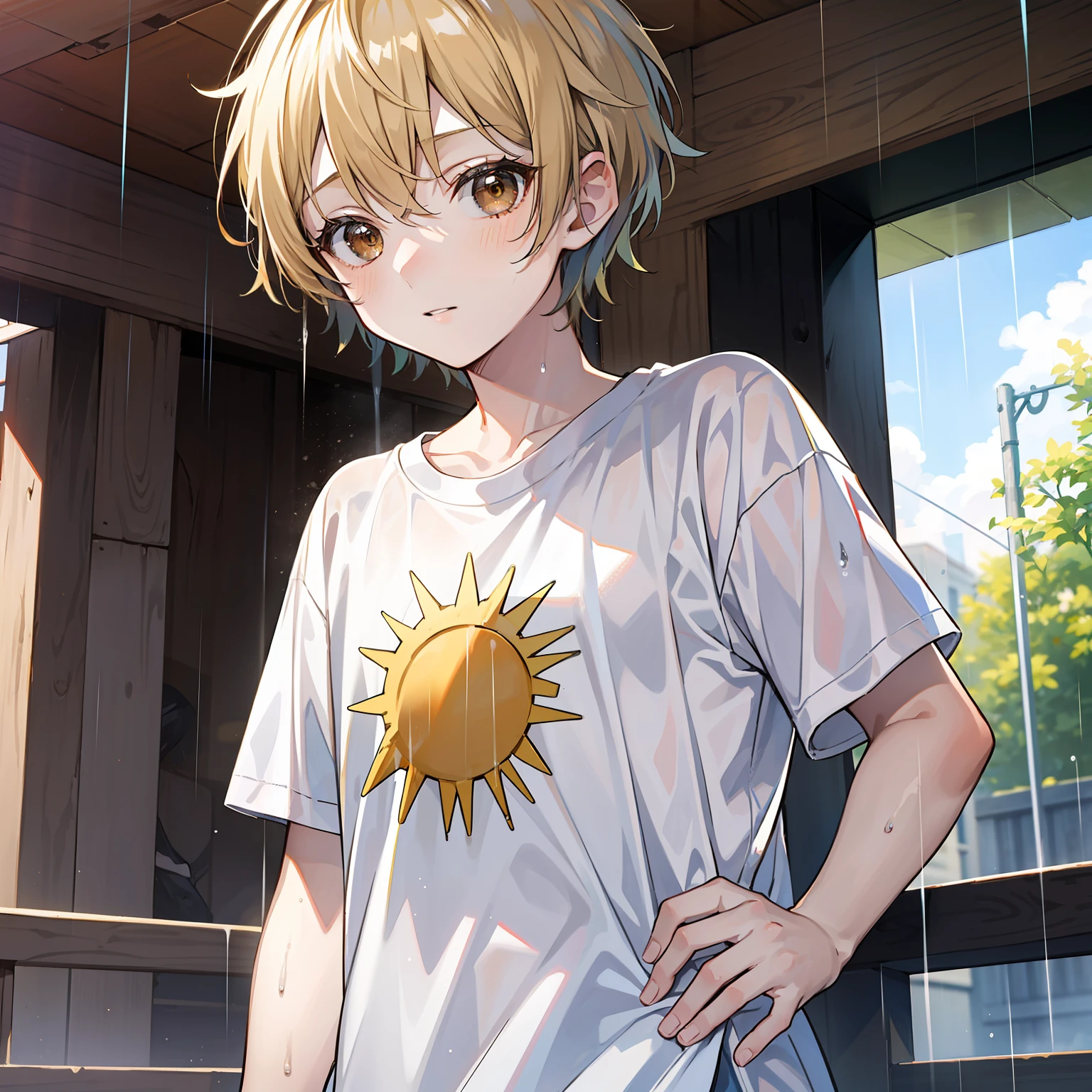 boy(Relaxed、sun beam、Kind),Short blonde hair,Light brown eyes,White T-shirt,Run in the rain,tmasterpiece,hightquality