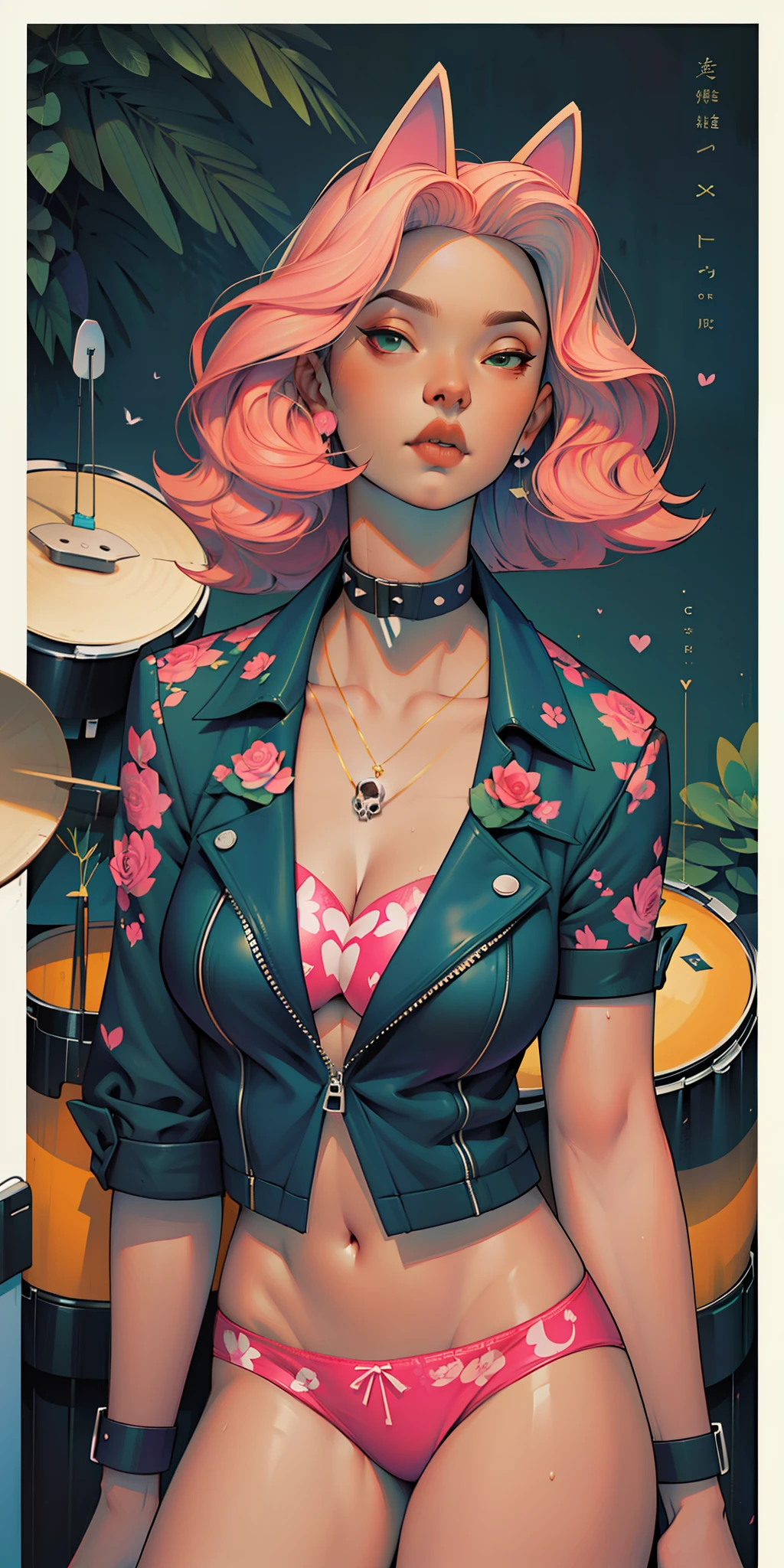 Background, In chic boho style, in club, Ice cream print, multi-colored neon lights, neon garlands, rose hair, mixed-language_SMS, Japanese, (beautiful and clear background:1.2),, fantastic paintings ,graffit style, highly detail eyes , ?????????, lace, latex, Pink, Purple, mint, Blue, Yellow, belve, lavender hair, Skull Print, body piercings, Loving, Love, ultra detail hair, Masterpiece, Best Quality, hiquality, hight resolution, detail enhancement, ((most beautiful image in the world)), Masterpiece, Best Quality, hiquality, hight resolution, detail enhancement, ((most beautiful image ), Shiny pink degrade hair, Ultra Short Fitted Stampa, art by stjepan sejic, art by j scott campbell, Artist Guillem March, art by citemer liu, 4k, hight resolution, comic book character, comic, high quality detailed,   style of ::2.0 comix illustration style,tatoon style, hiquality, hight resolution, detail enhancement, 8K, HD, Best Quality, hiquality, hight resolution, detail enhancement, 8K, HDR, sharp-focus, Ultra Detailed, perfect  lighting, Curvy Body, Lush ???????, Curvy ????, skull print on clothes, rock, rock star, Cool,black leather jacket with skull print, style of, spikes, Punk Rock, Wolf, Cat's ears, Cool bracelets, Choker, calavera, gotik, Skinny,  (((Plays drums))) Plays drums, Plays, Drums, drams drummer, drumsticks, virtuoso, Angel, feathers, скелет print, cacti,  Succulents