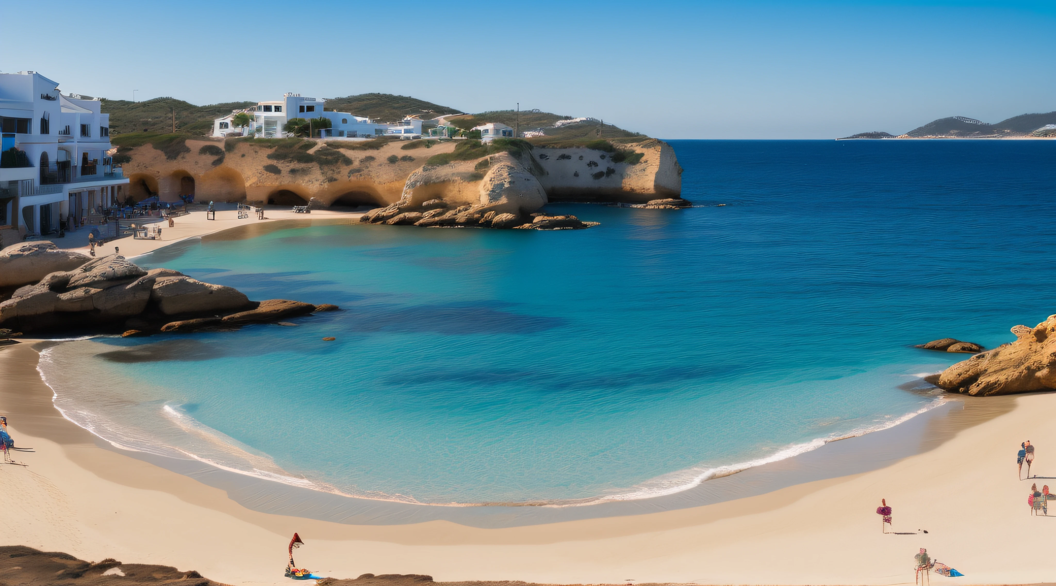 Ibiza , imagem realista , praia com mar azul , dia muito ensolarado , pessoas diferentes no local , ( sem deformidades ) , olhos perfeitos , perfect  lighting , melhor qualidade , 8k , obra prima