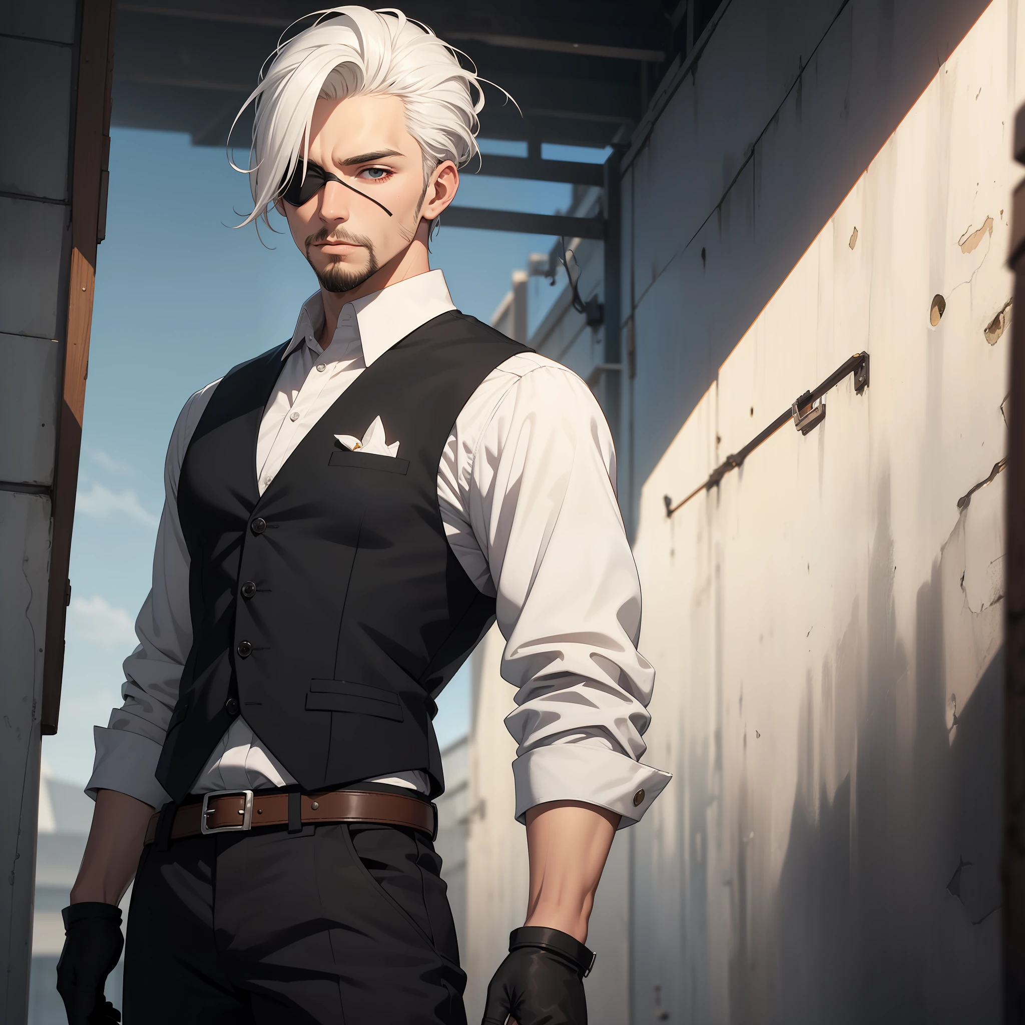 solo male, white hair, slicked back hair, brown left eye, eye-patch, white beard, white shirt, black vest, black pants, black gloves, cowboy, wild west background, slim