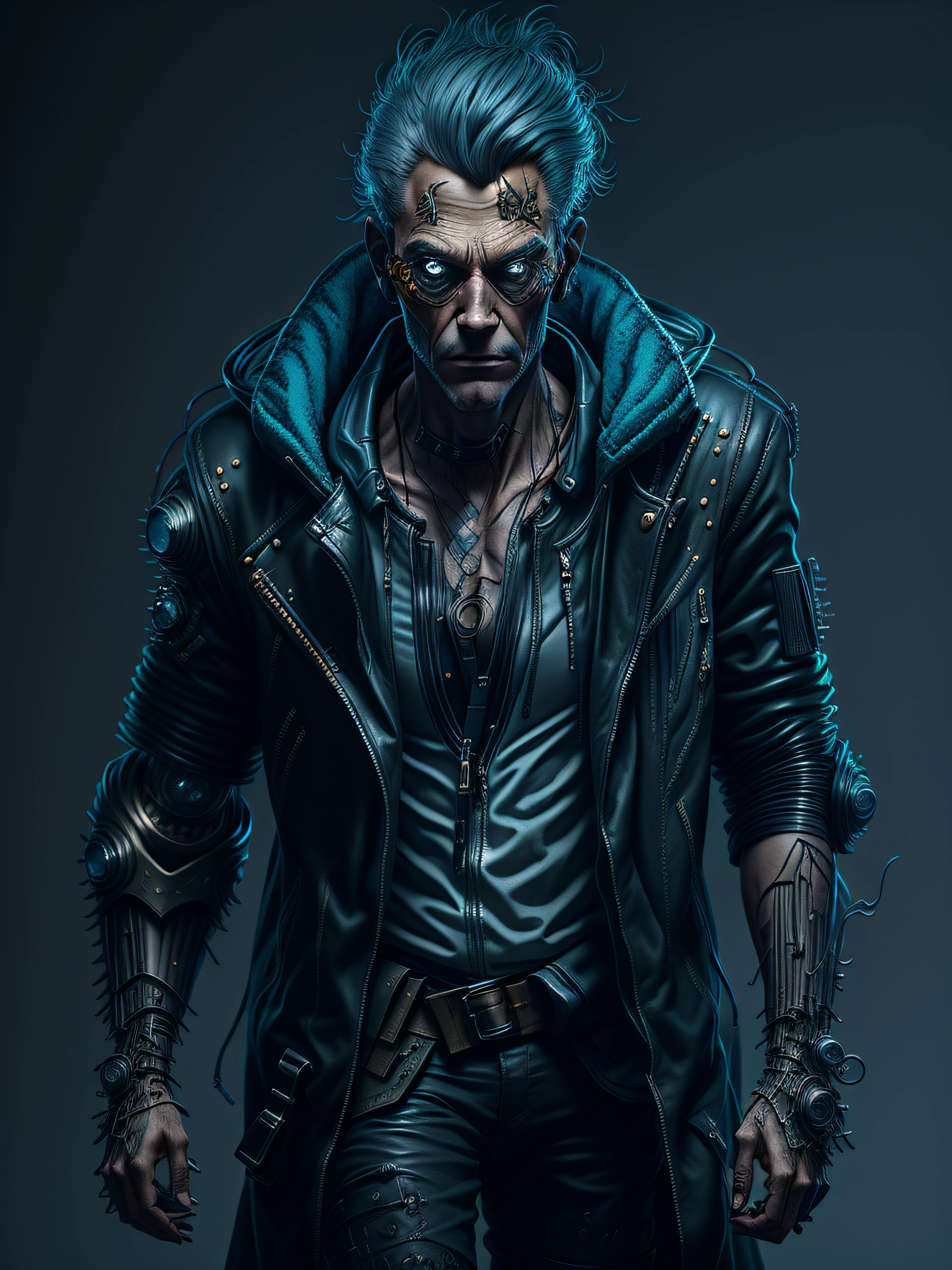 Man in leather jacket and cybernetic arm, usando moletom azul, personagem cyberpunk, 3 d render arte do caractere 8 k, Retrato de um homem cyberpunk, Velho cyberpunk, dystopian sci-fi character, Retrato completo de Electromancer, cinematic full character, personagem de fantasia octane render, arte do personagem Cyberpunk, epic scifi character art, roupas de moda cyberpunk, usando jaqueta de couro cyberpunk