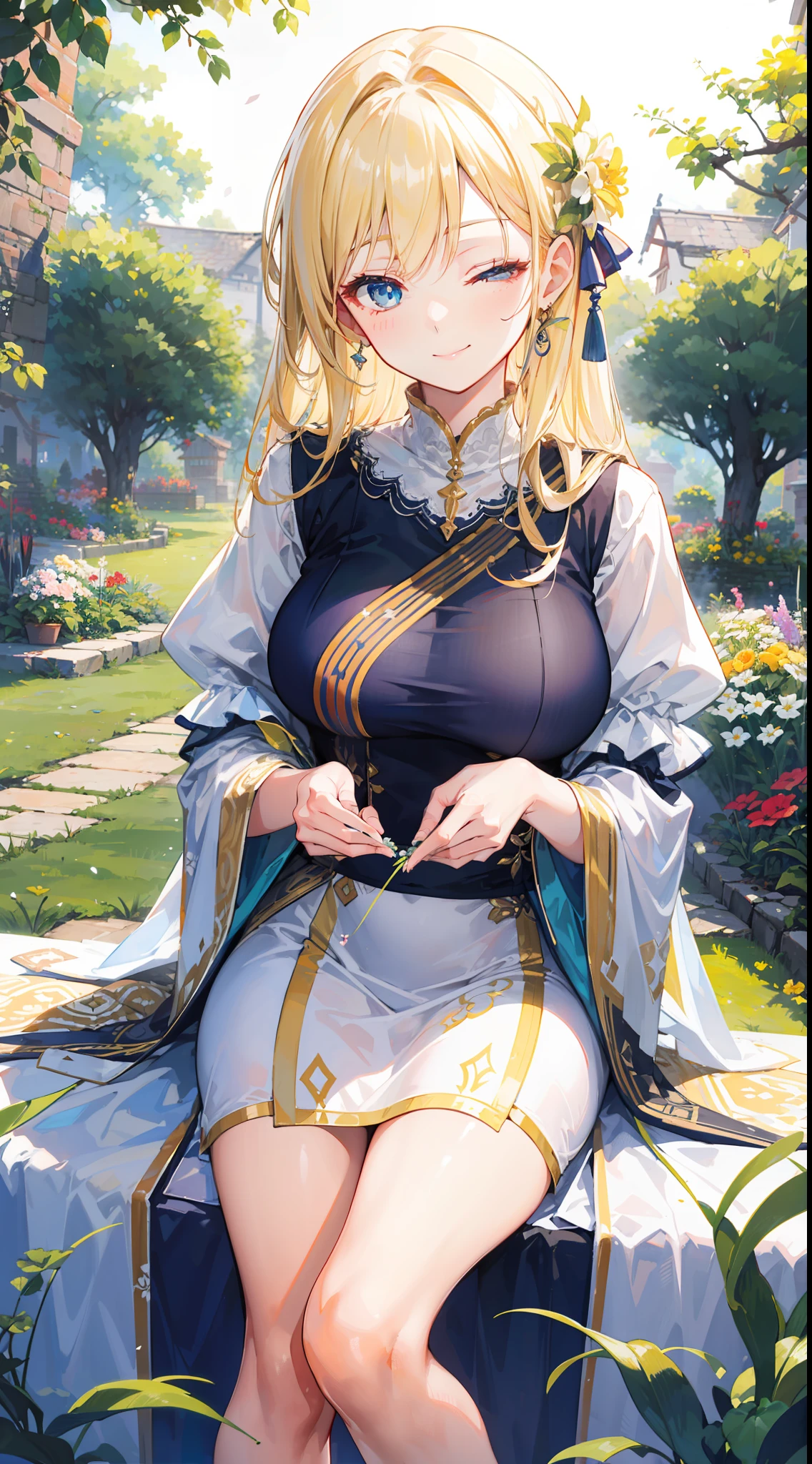 "Epic morning garden atmosphere, stunning 4k artwork featuring a confident mommg long flowing vibrant light-blonde hair. Her eyes is closed. She sitting with smile, and she have powerful mommy aura and wear village cloth"