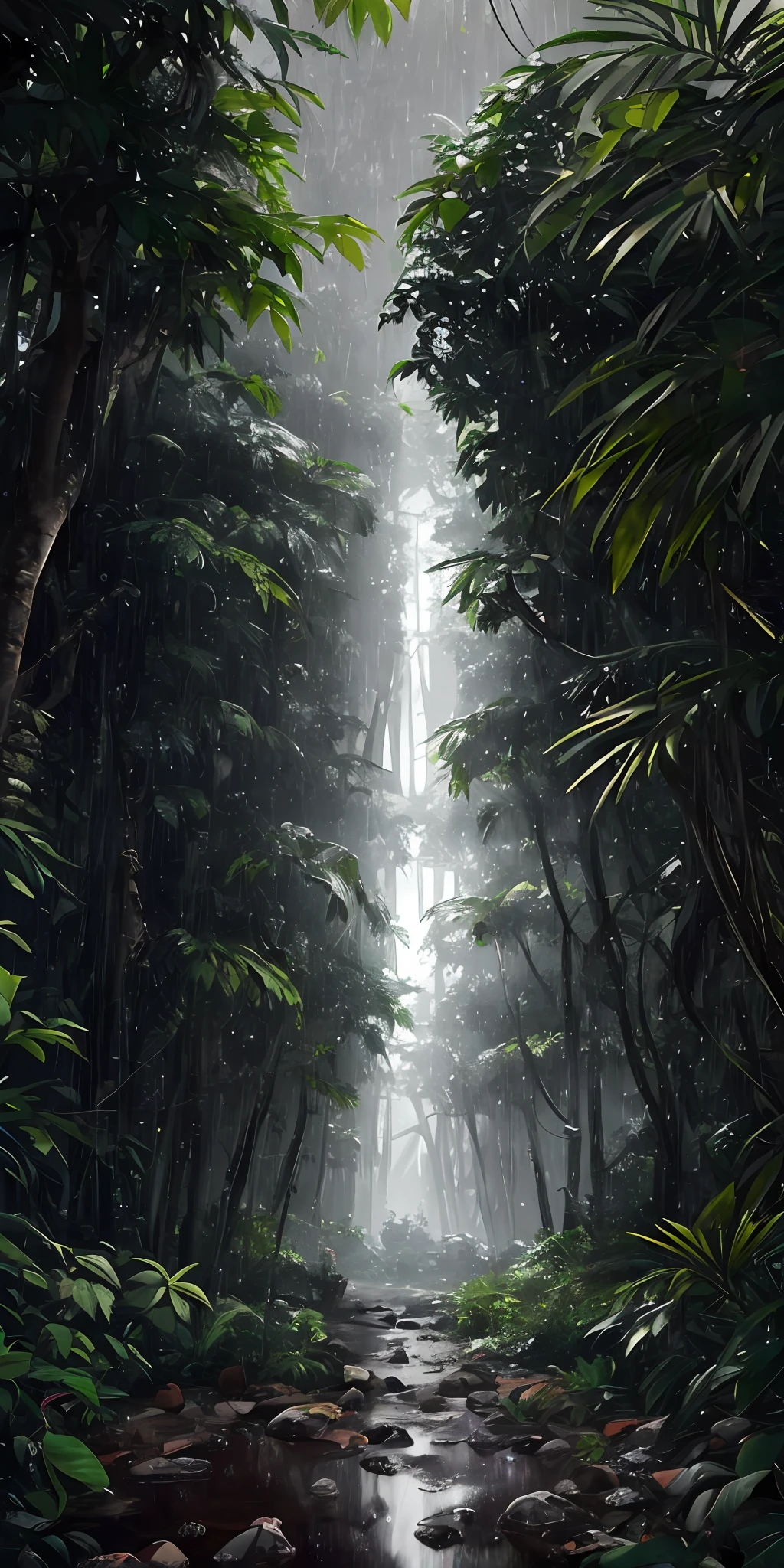 Jungle, heavy rainfall, monochrome, vines everywhere, huge and humid trees, masterpiece, best quality, high quality, very detailed CG unified 8k wallpaper, oil painting, award-winning photography, bokeh, depth of field, HDR, bloom, color difference, realism, very detailed, trends on artstation, trends on CGSociety, intricate, high detail, drama, midjourney art, volumetric lighting