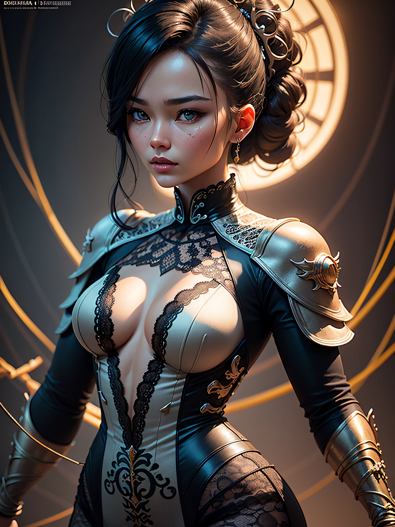 Character sheet, ultra-detailed complex 3d rendering with porcelain profile of Vietnamese character, maximalist  beautiful studio soft light, rim lighting, vibrant details, lace, hyper-realistic, hand, facial muscles, electric wires, microchip, elegant, beautiful background, octane, H.R. style giger --auto