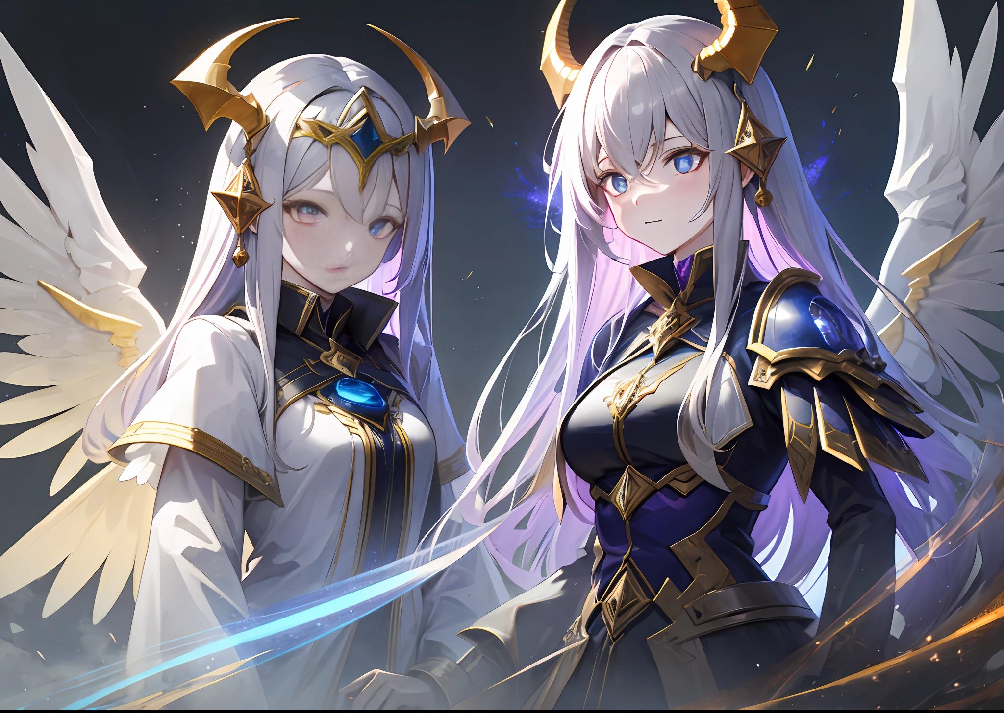 （Masterpiece quality、extreme hight detail、Best depicted CG Unity 8K wallpaper），（1 sister angel character+1 Demon Sister），The older sister has long bright silver hair and blue close-up eyes，Wears a white suit and has high-quality transparent wings，Beautiful face，Soft clouds（Cloud lens effect、Light、Darkness、Detail），The younger sister has long red hair and blue close-up eyes，Yellow pupils，The body presents bones/Innovative infection and other characteristics，Fruits or weird items that sparkle with magic，Decadence and gray sky，White space and foggy scene structure，twintals。