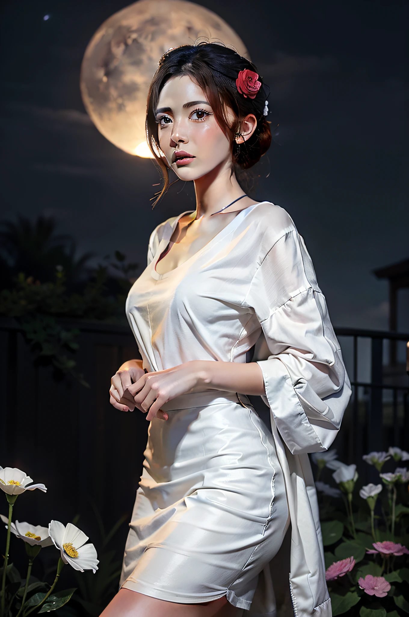 1girl, blurry, blurry_background, brown_eyes, brown_hair, depth_of_field, earrings, flower, full_moon, hair_flower, hair_ornament, lips, looking_at_viewer, moon, moonlight, night, night_sky, outdoors, red_flower, red_moon, sky, solo