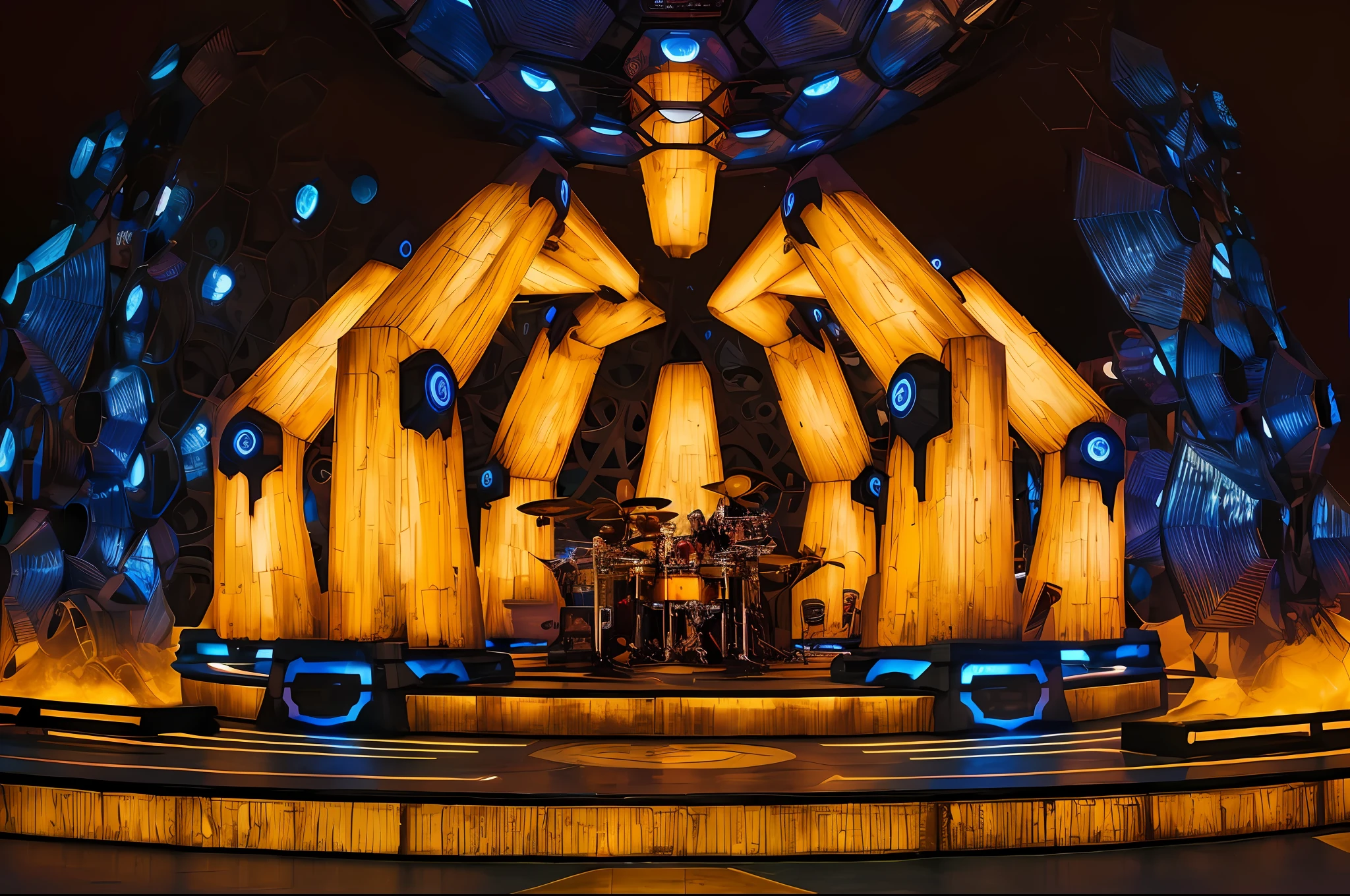 arafed stage with a drum set and a giant sculpture, surreal sci fi set design, tardis console room, elaborate stage effects, star wars cavern interior, colorful warcraft architecture, interior of an alien spaceship, galactic temple, inside the tardis, giant aztec spaceship, cybernetic shrine, colourful biomorphic temple, dmt temple, Futuristic setting,super high image quality