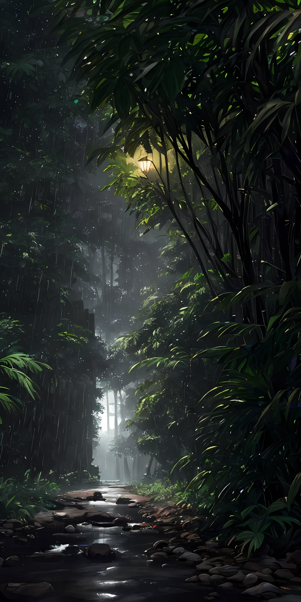 Jungle, heavy rainfall, monochrome, vines everywhere, huge and humid trees, masterpiece, best quality, high quality, very detailed CG unified 8k wallpaper, oil painting, award-winning photography, bokeh, depth of field, HDR, bloom, color difference, realism, very detailed, trends on artstation, trends on CGSociety, intricate, high detail, drama, midjourney art, volumetric lighting