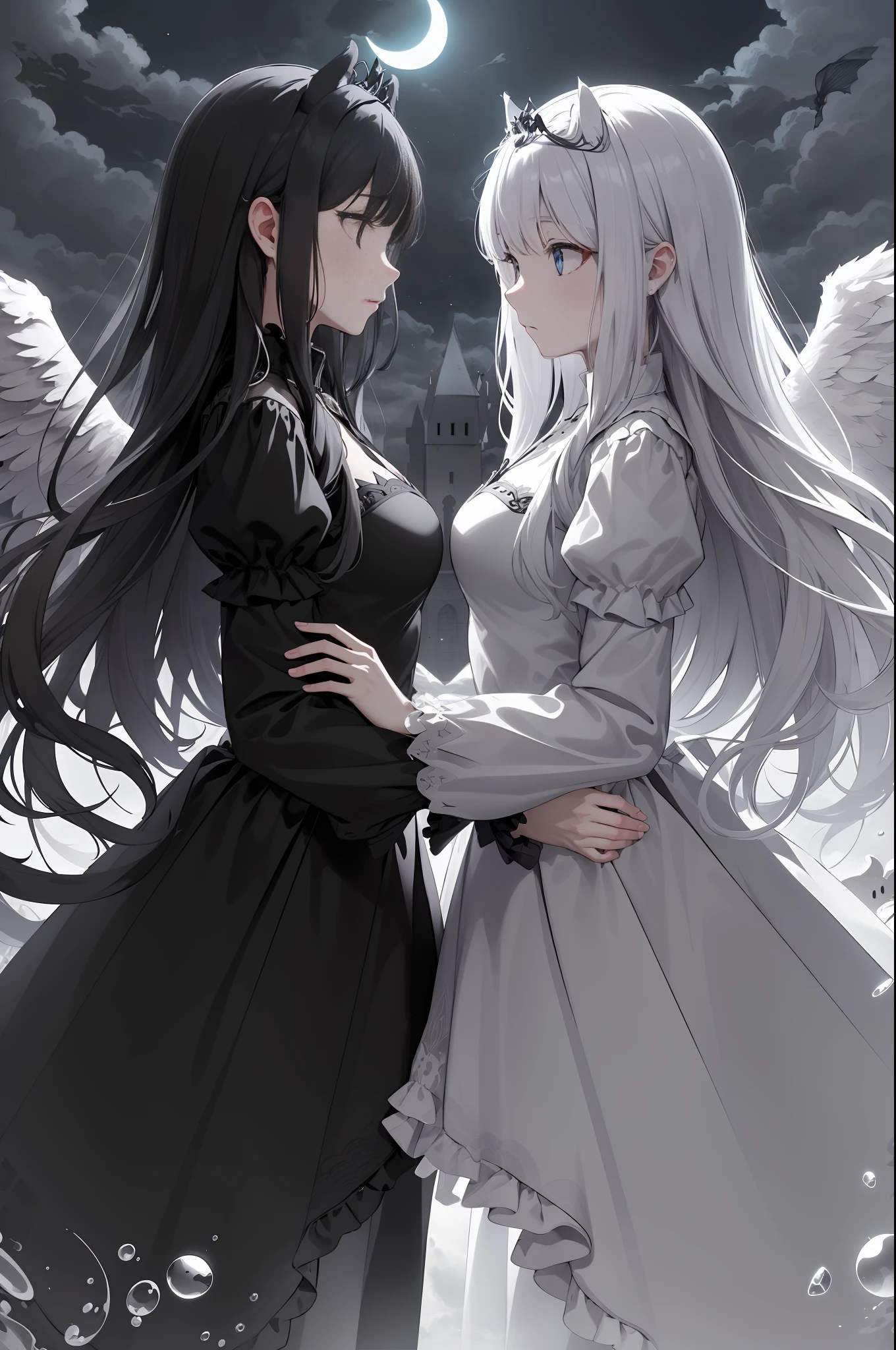 very best quality,Extremely detailed CG unity 8k,Close-up of,illustratio,depth of fields,cowboy lens,The role is centered,symetrical composition,(twins,2girls,An angel,A devil,Angel wings,Devil Wings),Wolf tail,Wolf ears,Very long hair,dishevled hair,ldisheveled hair, ,(beautiful detailed eyes),(tiara crown:1.1),pleatedskirt,puffy long sleeves,(themoon:1.2),((black cloud)),(((Flowing transparent black))),(Floating black clouds:1.2 ), architectural, depth of fields, the castle,( Black and white fusion, Black and white lines,Line drawings, monocrome,sketching)
