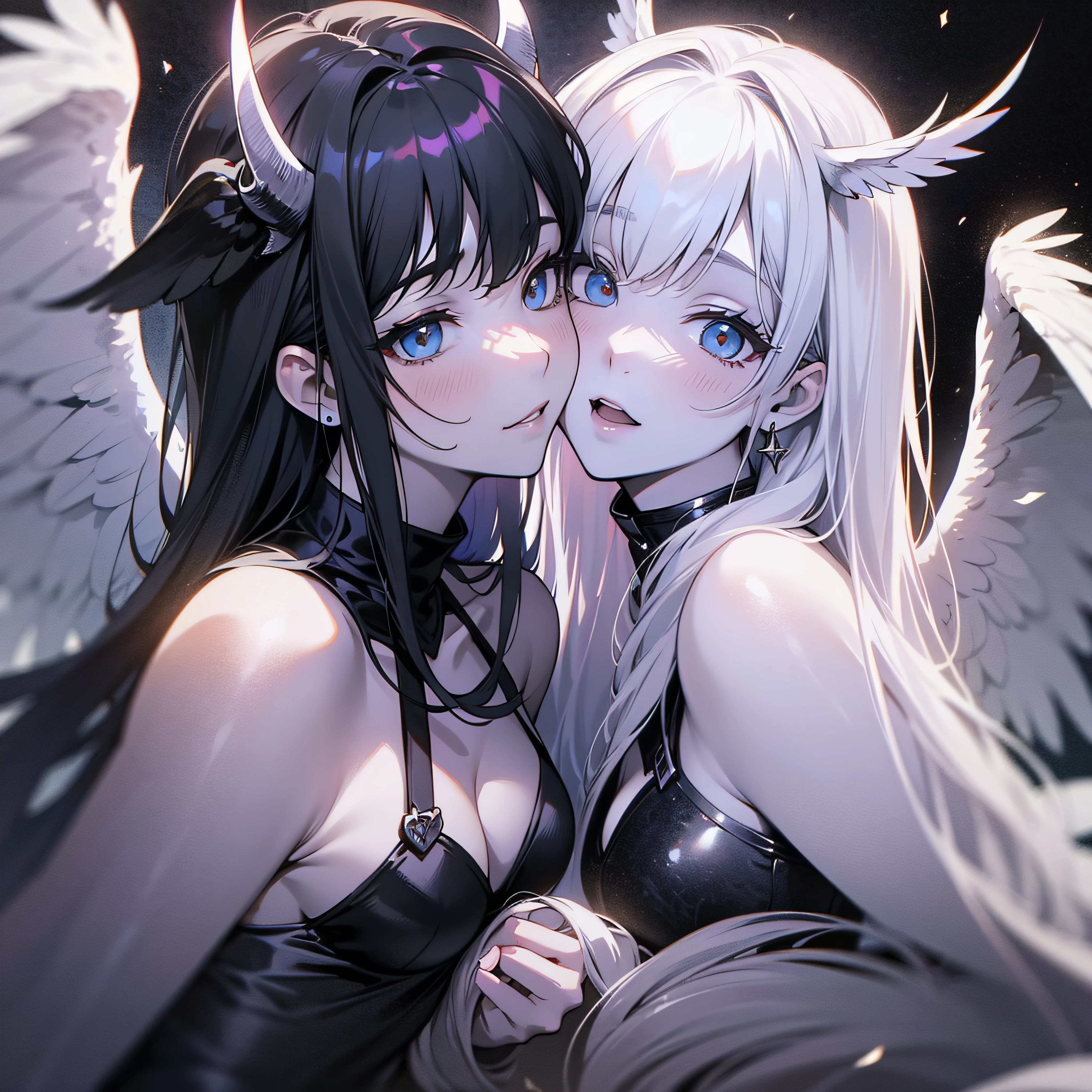 Fantasy Theme、Reduce the contrast、Lower the color、Mysterious light、White angel and black devil face each other、Angels have white wings、The devil has black wings and horns and tail