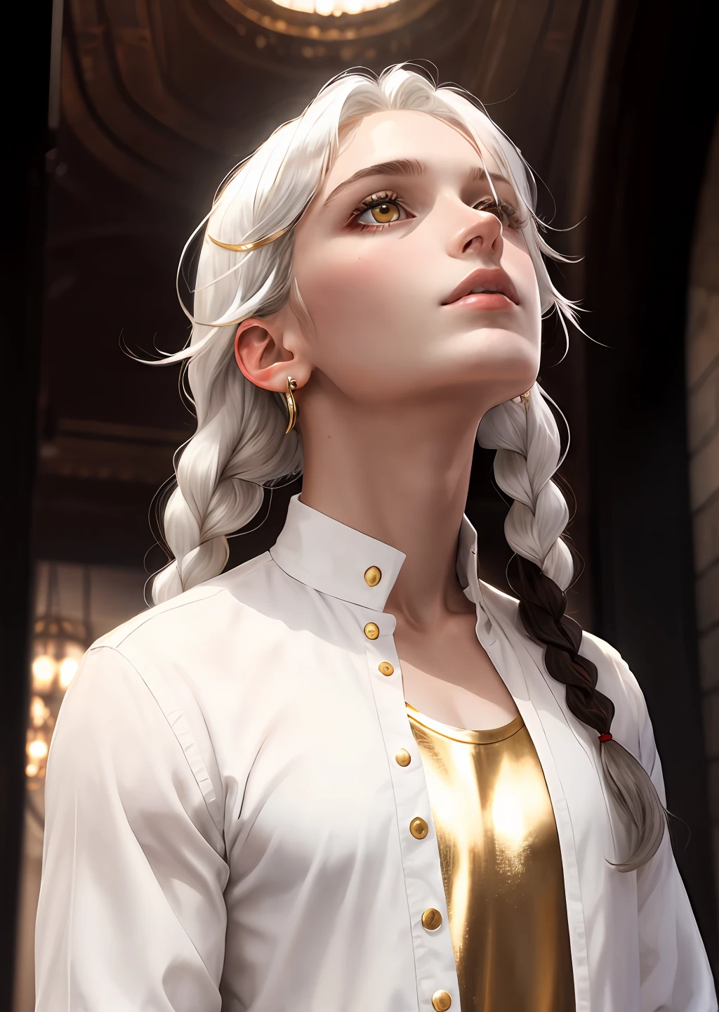 best quality, masterpiece,white hair, gold eyes,white clothes, looking up, upper body,hair strand,Fair skin,side braids