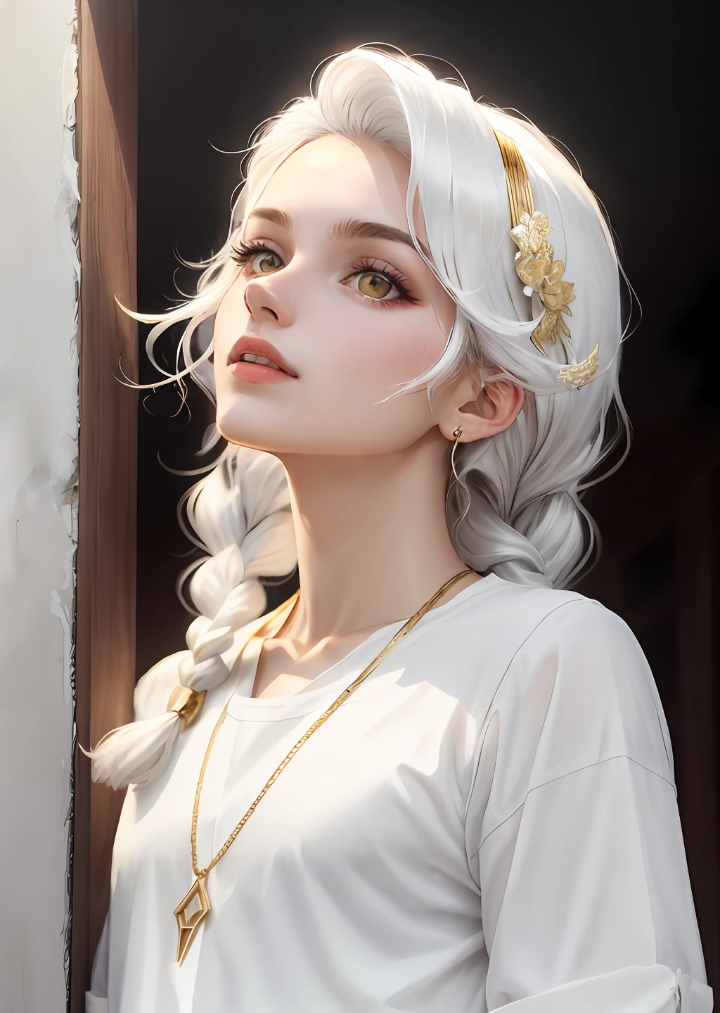 best quality, masterpiece,white hair, gold eyes,white clothes, looking up, upper body,hair strand,Fair skin,side braids