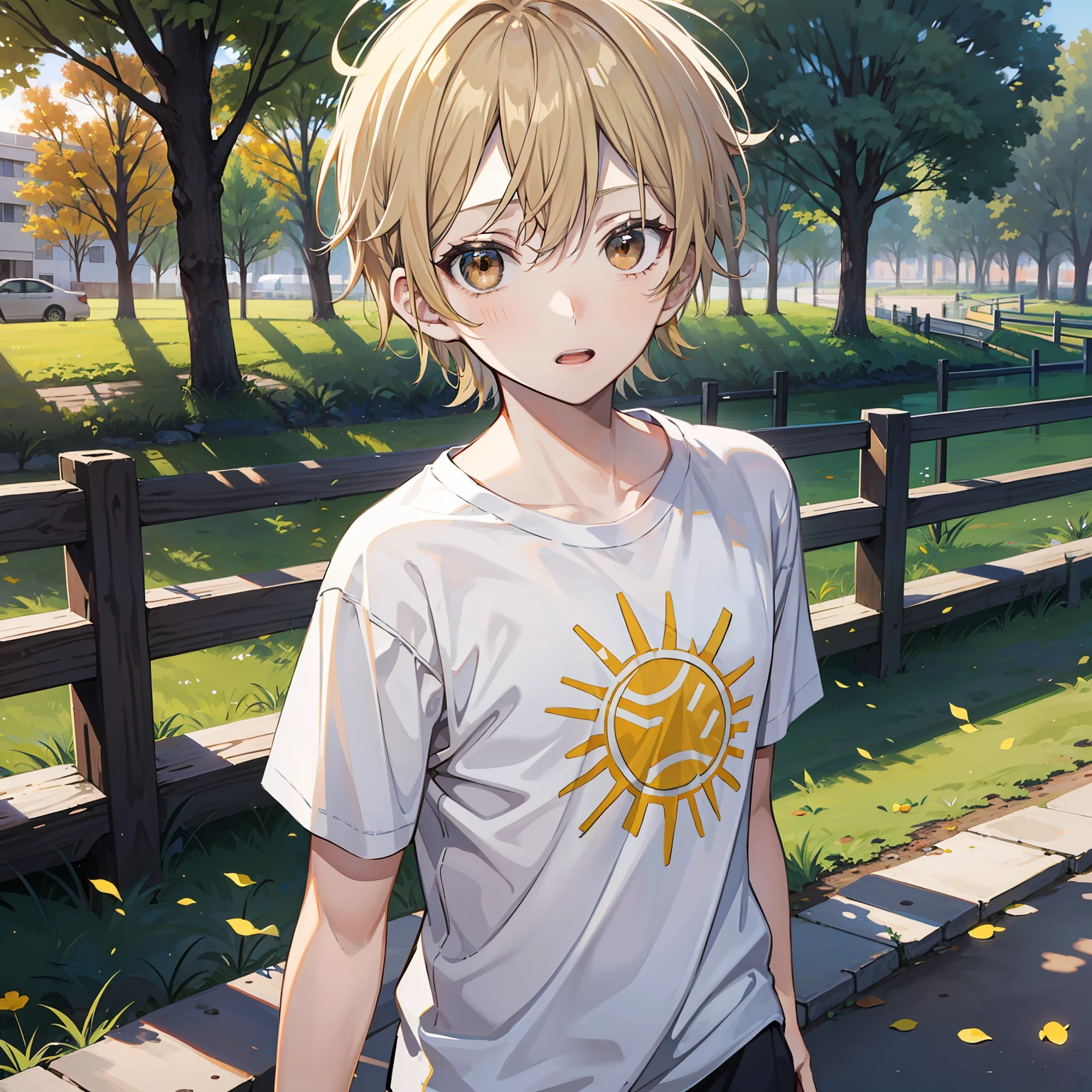 12 year old boy(Relaxed、sun beam、Kind),Short blonde hair,Light brown eyes,White T-shirt,On the run,with a park in the background,tmasterpiece,hightquality