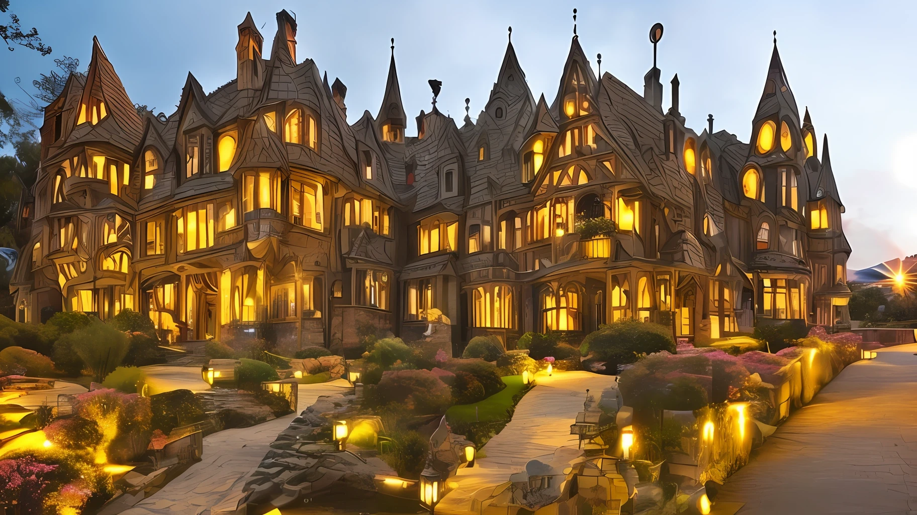 Create an image of a majestic castle with laser show effects illuminating its grand architecture. The laser lights should highlight intricate details like turrets, windows, and rooftops, creating a mesmerizing visual spectacle." --auto