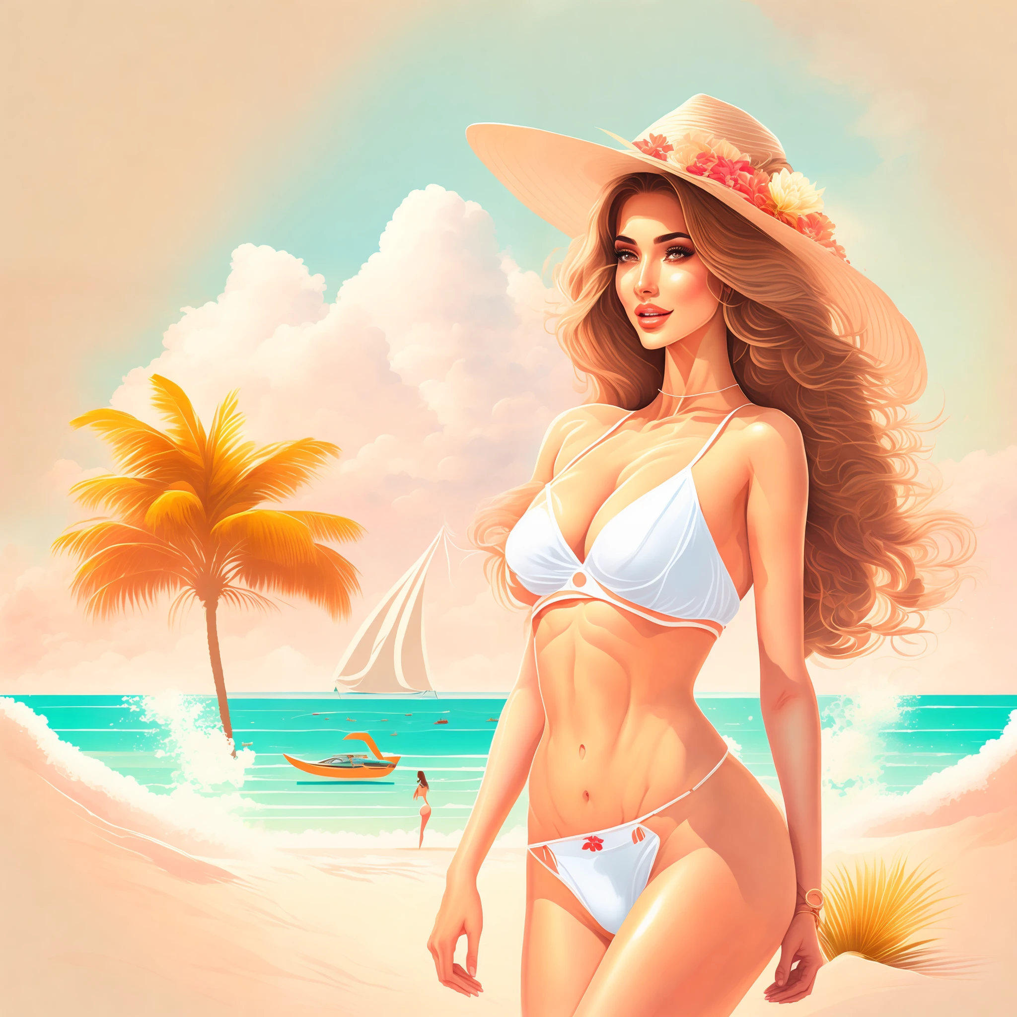 A beautiful woman in a bikini on a beach in a summer landscape, design de camiseta, no meio da jornada, arte vetorial,