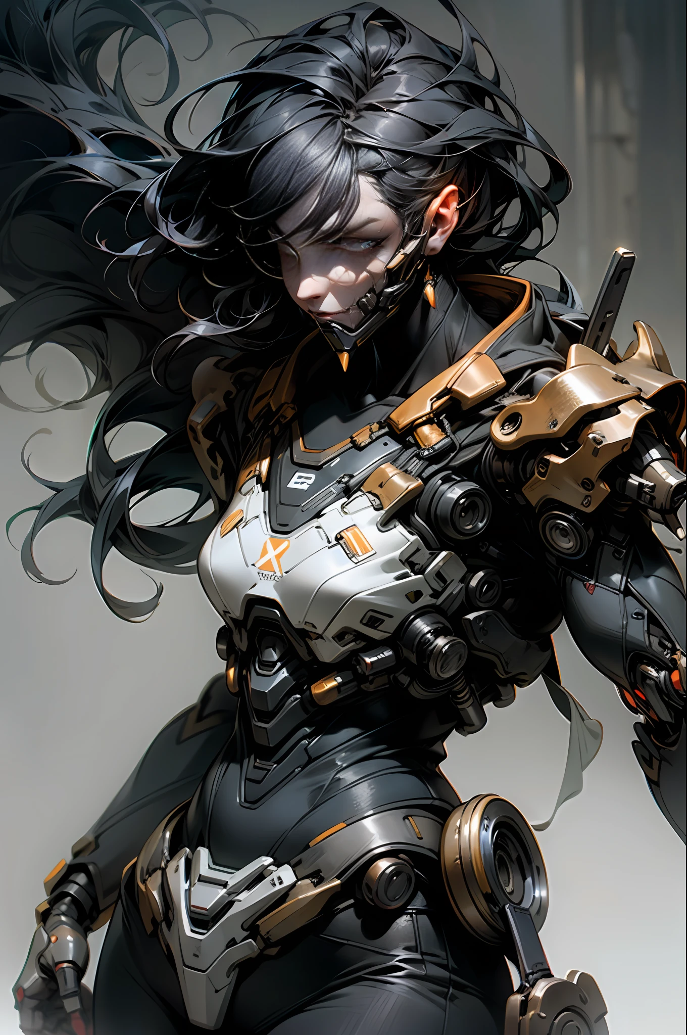 a beautiful woman cyborg warrior in the Style-RustMagic, cyberpunk augmentation, cyberware, cyborg, carbon fiber, chrome, implants, metal skull, cyber plate armor, (dark atmosphere:1.2), (fog & smoke), (dark night:1.3), scars, (dark medium length disheveled hair:1.1), (eyeshadow:1.1), (beautifully detailed glow:1.2), (Cinematic lighting), intricate detail, highres, rounded eyes, detailed facial features, sharp focus, smooth, aesthetic, detailed dark industrial factory background, stylish pose, dynamic pose, (dramapaint), (opt-6000:0.9)