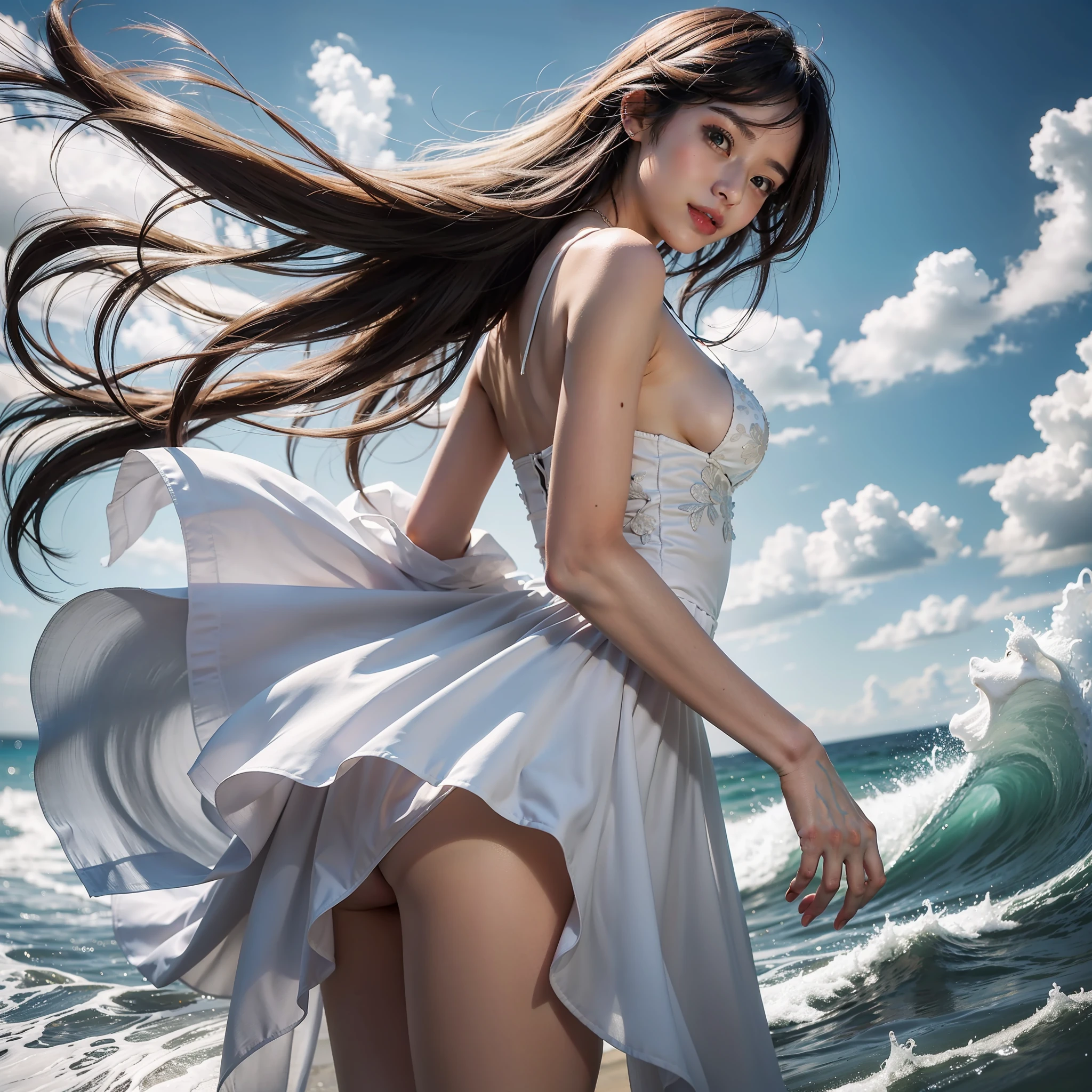 (​masterpiece), (Top image quality), (ultra-detailliert), (Best Illustration), (The best shadow), the ocean、Female 1、My hair is fluttering、Back lighting、small tits、White dress with less exposure、evening、is standing、Black Long Hair、bare-legged、Eyes are incredibly delicate、the beach、Human skin、White Skin Skin、Arms behind、smil、Delicate sky、strong lights