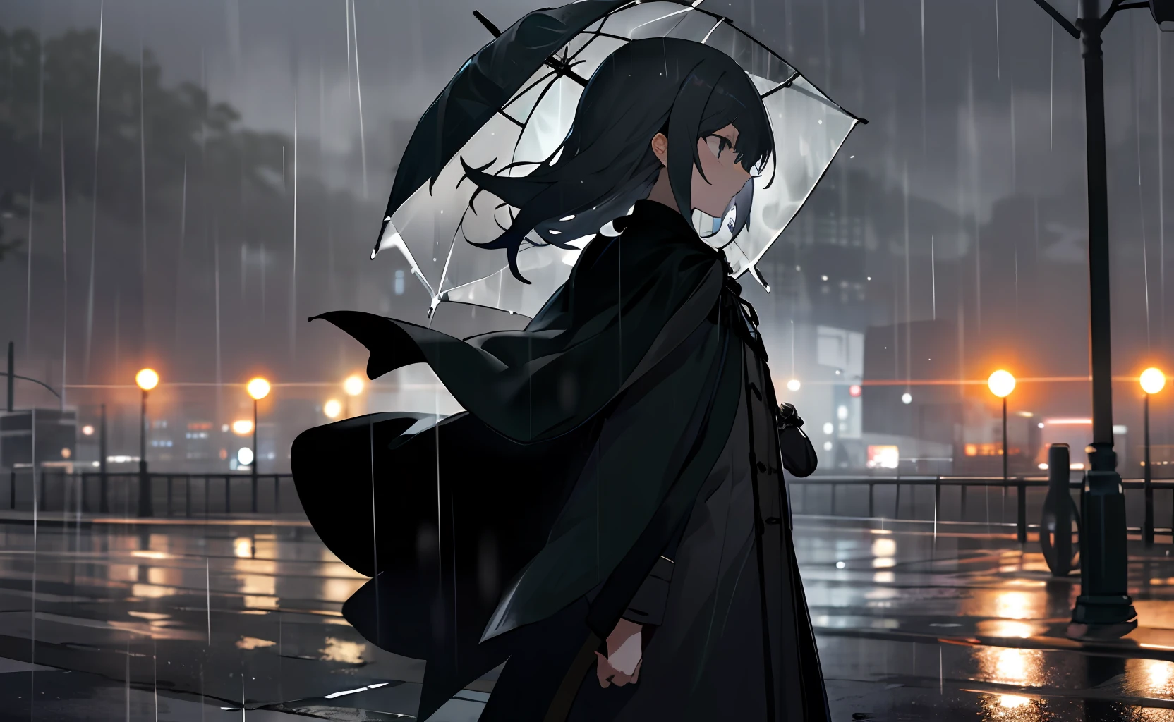 rainy evening,wind coat,Back Shadow,4k,8k,oras,A small amount of light,Can't see the physiognomy,wide wide shot,Cover the whole body,black capelet,Rain,sad,dreary,Pedestrians hurry,bblurry