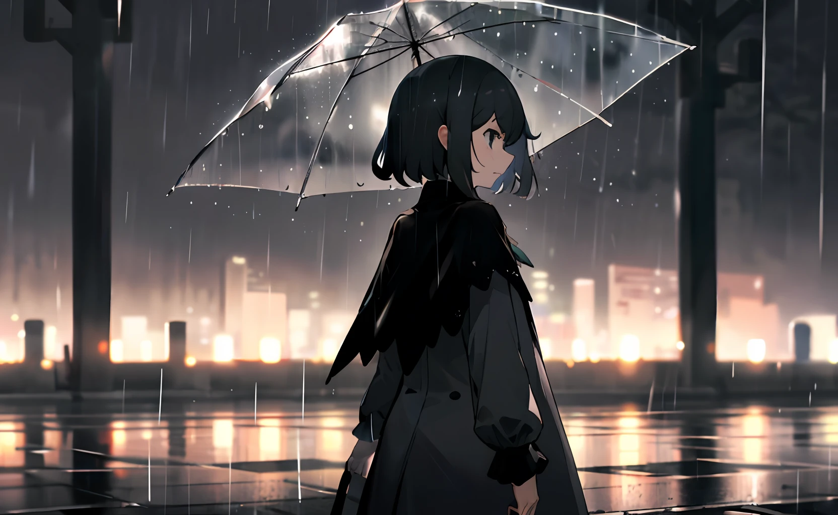 rainy evening,wind coat,Back Shadow,4k,8k,oras,A small amount of light,Can't see the physiognomy,wide wide shot,Cover the whole body,black capelet,Rain,sad,dreary,Pedestrians hurry,bblurry