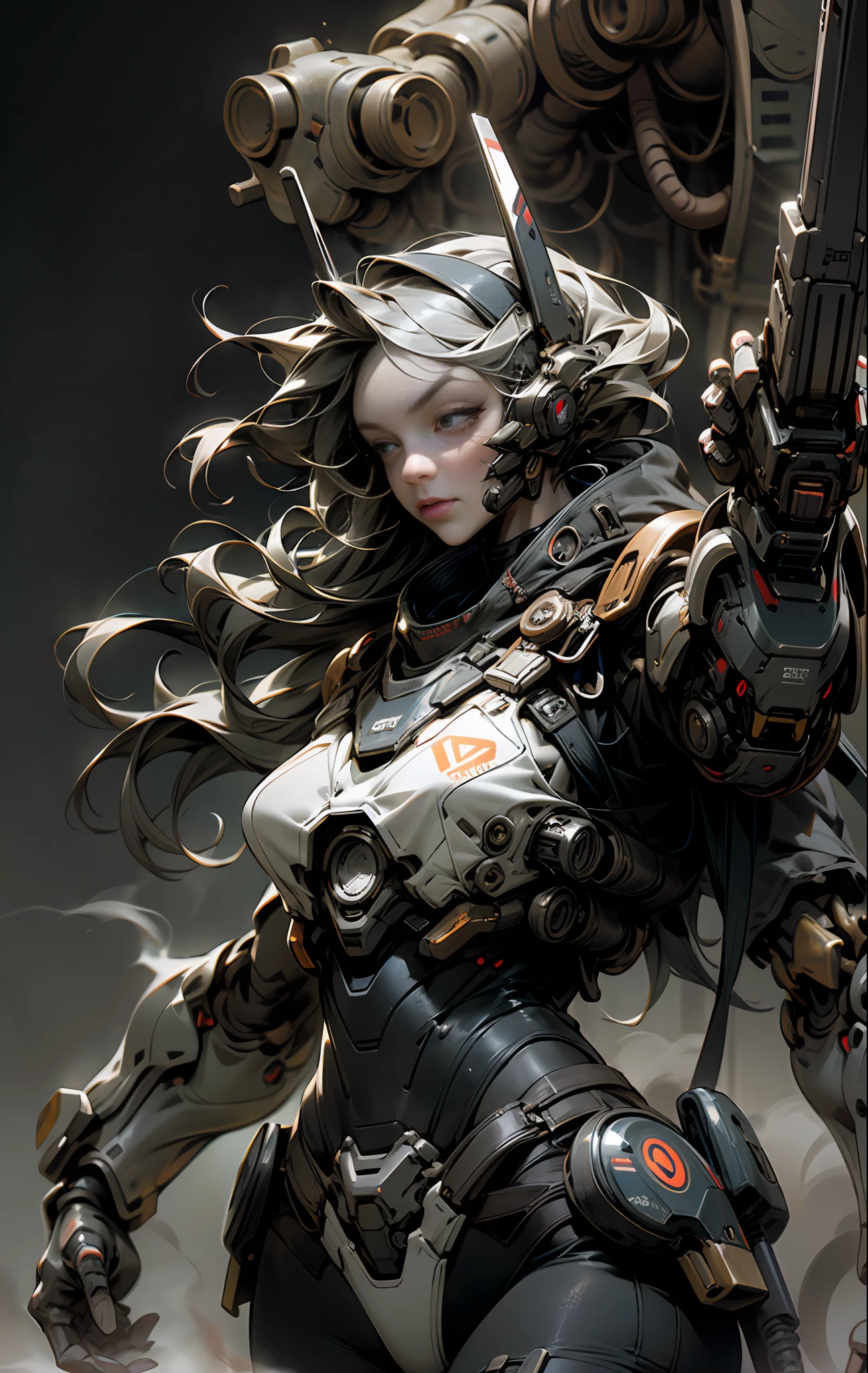 a beautiful woman cyborg warrior in the Style-RustMagic, cyberpunk augmentation, cyberware, cyborg, carbon fiber, chrome, implants, metal skull, cyber plate armor, (dark atmosphere:1.2), (fog & smoke), (dark night:1.3), scars, (dark medium length disheveled hair:1.1), (eyeshadow:1.1), (beautifully detailed glow:1.2), (Cinematic lighting), intricate detail, highres, rounded eyes, detailed facial features, sharp focus, smooth, aesthetic, detailed dark industrial factory background, stylish pose, dynamic pose, (dramapaint), (opt-6000:0.9), masked