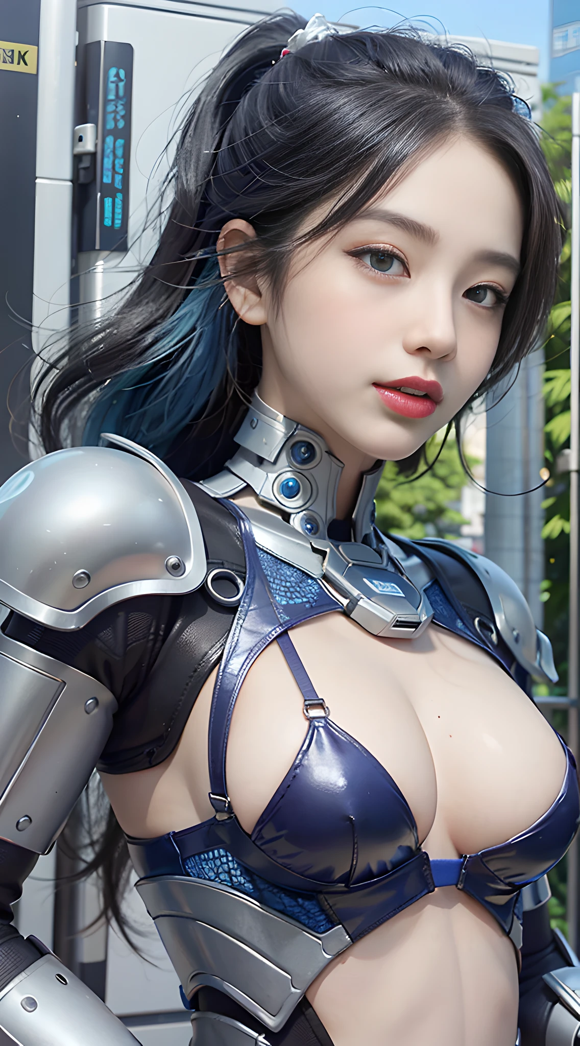 Complex 3d rendering very detailed beautiful porcelain silhouette asian woman, robot face, clear glass heavy armor, glowing white band, blue hair, blue eyes, cyborg, robot parts, robotic arm, robotic leg, mechanical joint, look at the viewer, 150mm, soft light, edge light, vibrant details, luxurious cyberpunk, lace, surrealism, anatomy, facial muscles, tight fit, cable wire, microchip, elegant, beautiful background, octane rendering, best quality, masterpiece, Illustration, extremely refined and beautiful, very detailed, CG, unified, wallpaper, (realistic, realistic: 1.37), fine details, masterpiece, best quality, official art, very detailed CG unified 8k wallpaper, full body, grin, battle, big tits, futuristic city, outdoors, daylight, clear sky. Tightens the figure with purple eyeliner at 75 corners