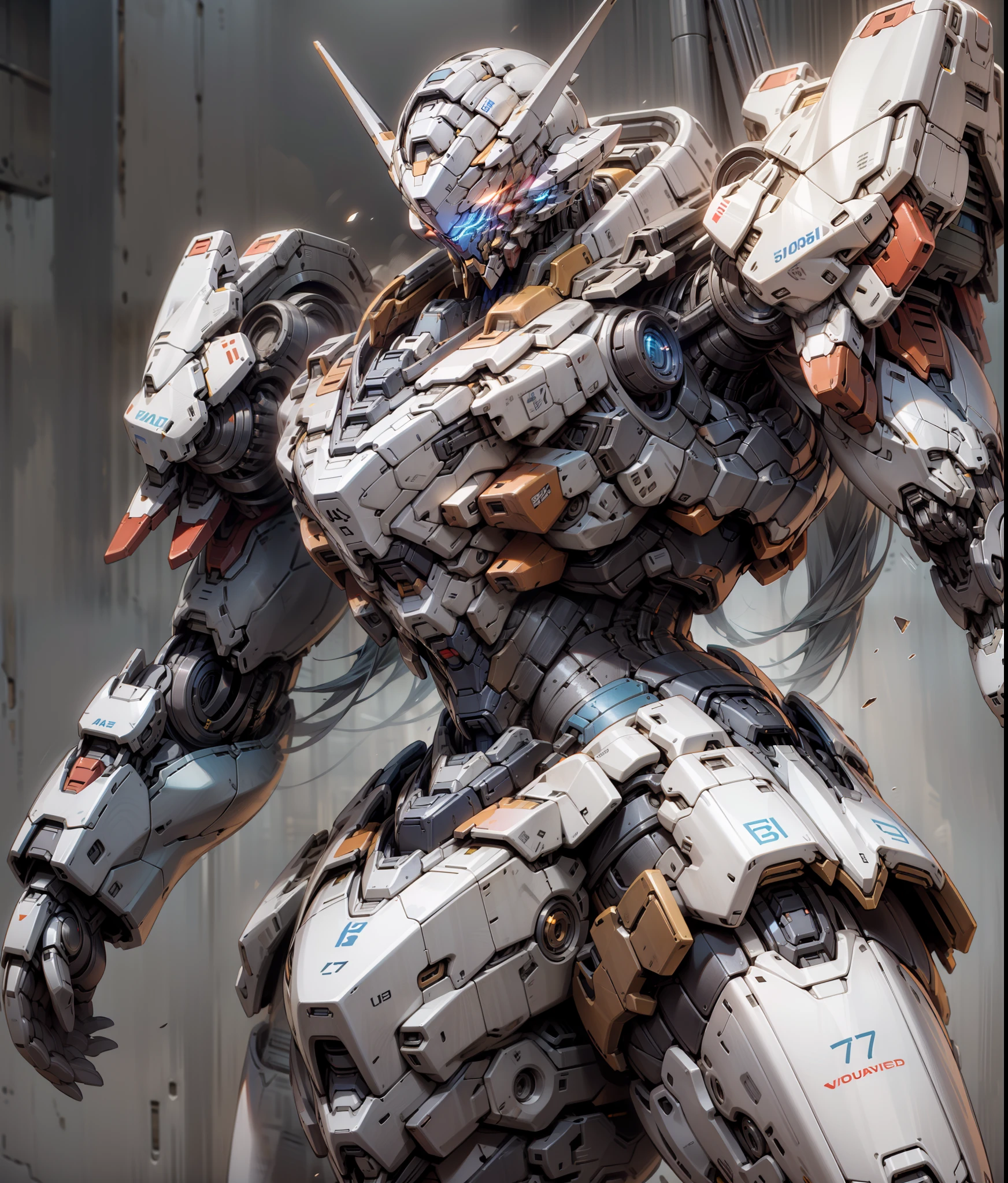 Damaged Gundam, blue glowing eyes, tilted position, chest shot, white, blue, red, complex mech
Armor, volumetric lighting, rendered in Octane, high detail 5--s 750--niji 5