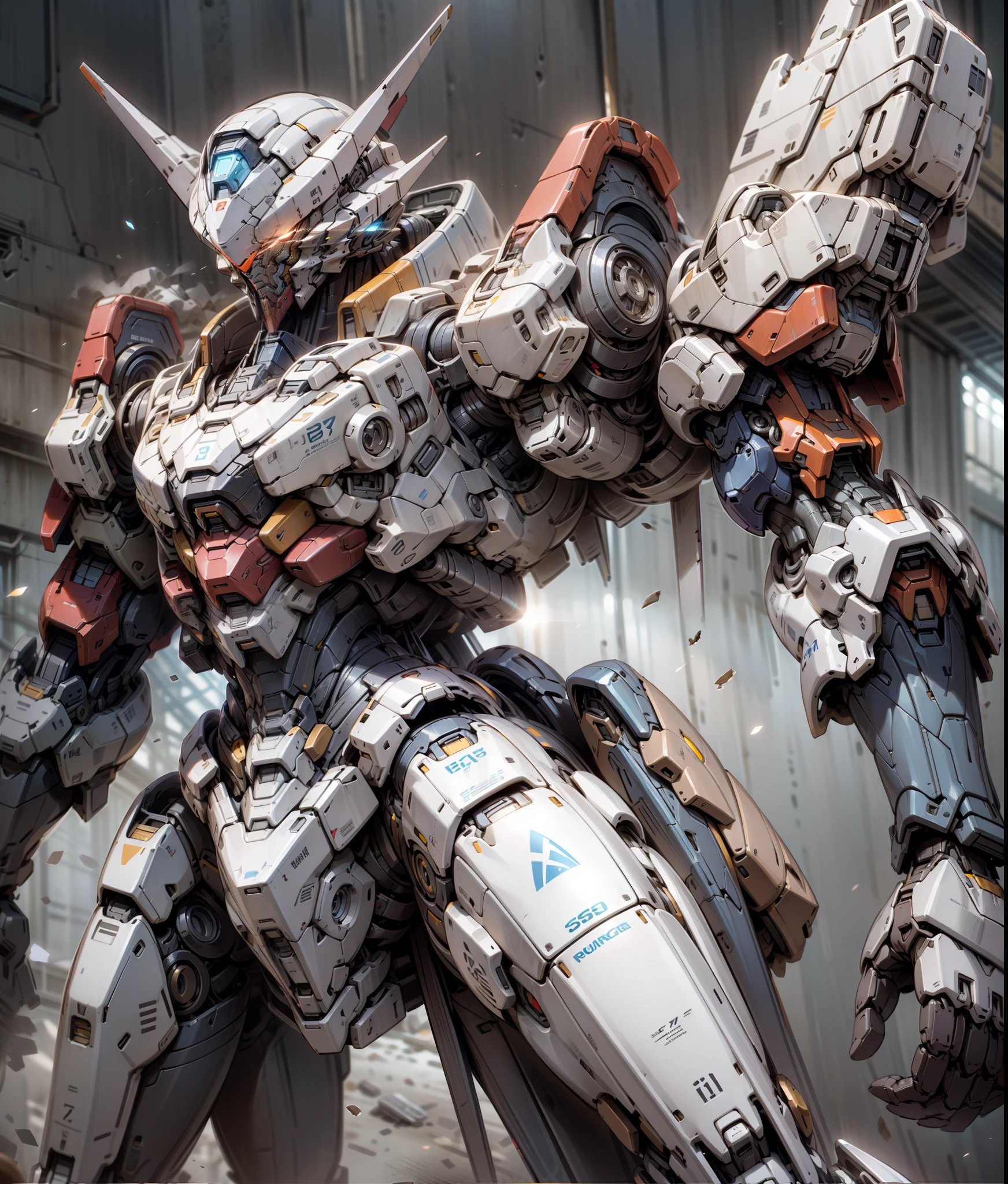 Damaged Gundam, blue glowing eyes, tilted position, chest shot, white, blue, red, complex mech
Armor, volumetric lighting, rendered in Octane, high detail 5--s 750--niji 5