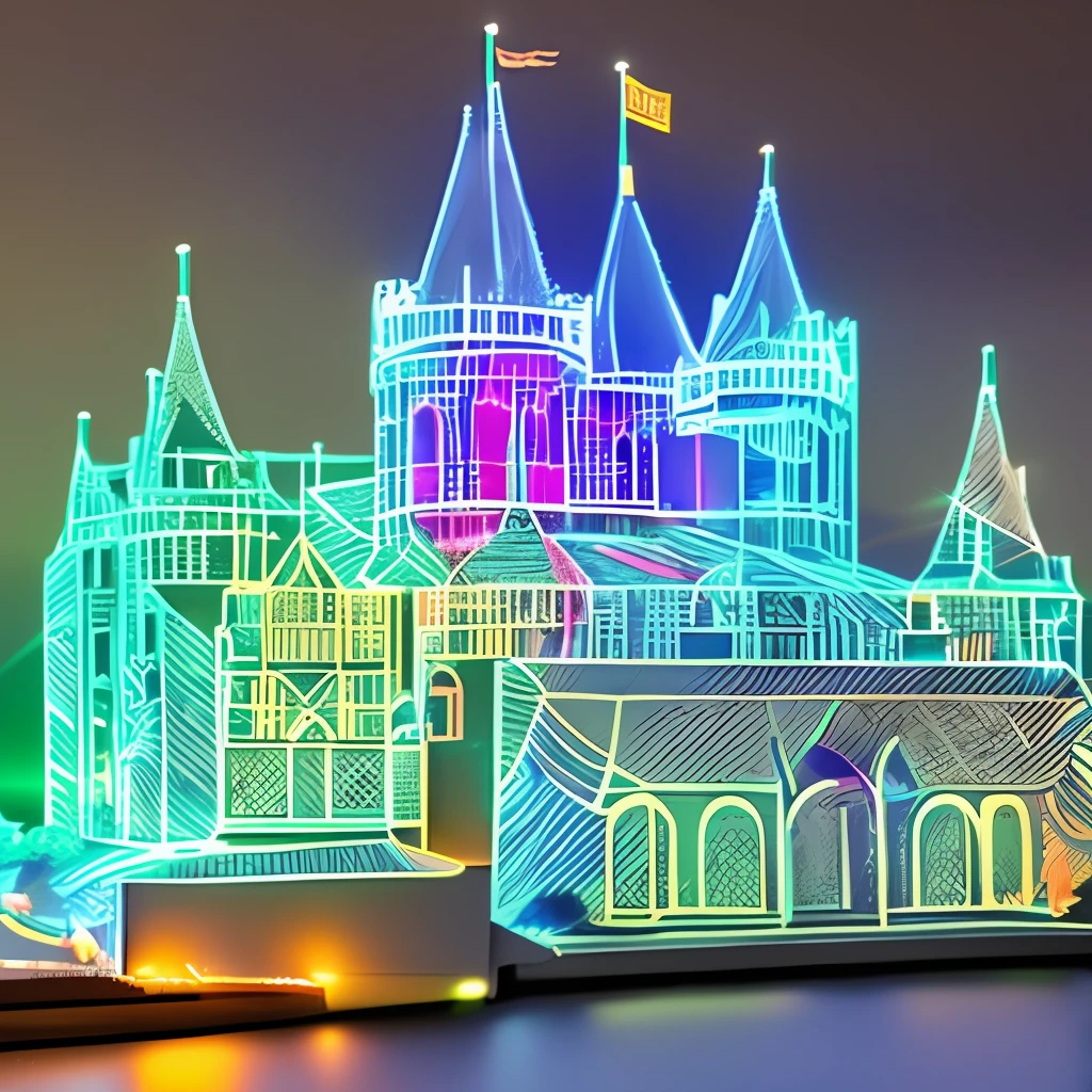 Create an image of a majestic castle with laser show effects illuminating its grand architecture. The laser lights should highlight intricate details like turrets, windows, and rooftops, creating a mesmerizing visual spectacle. --auto --s2