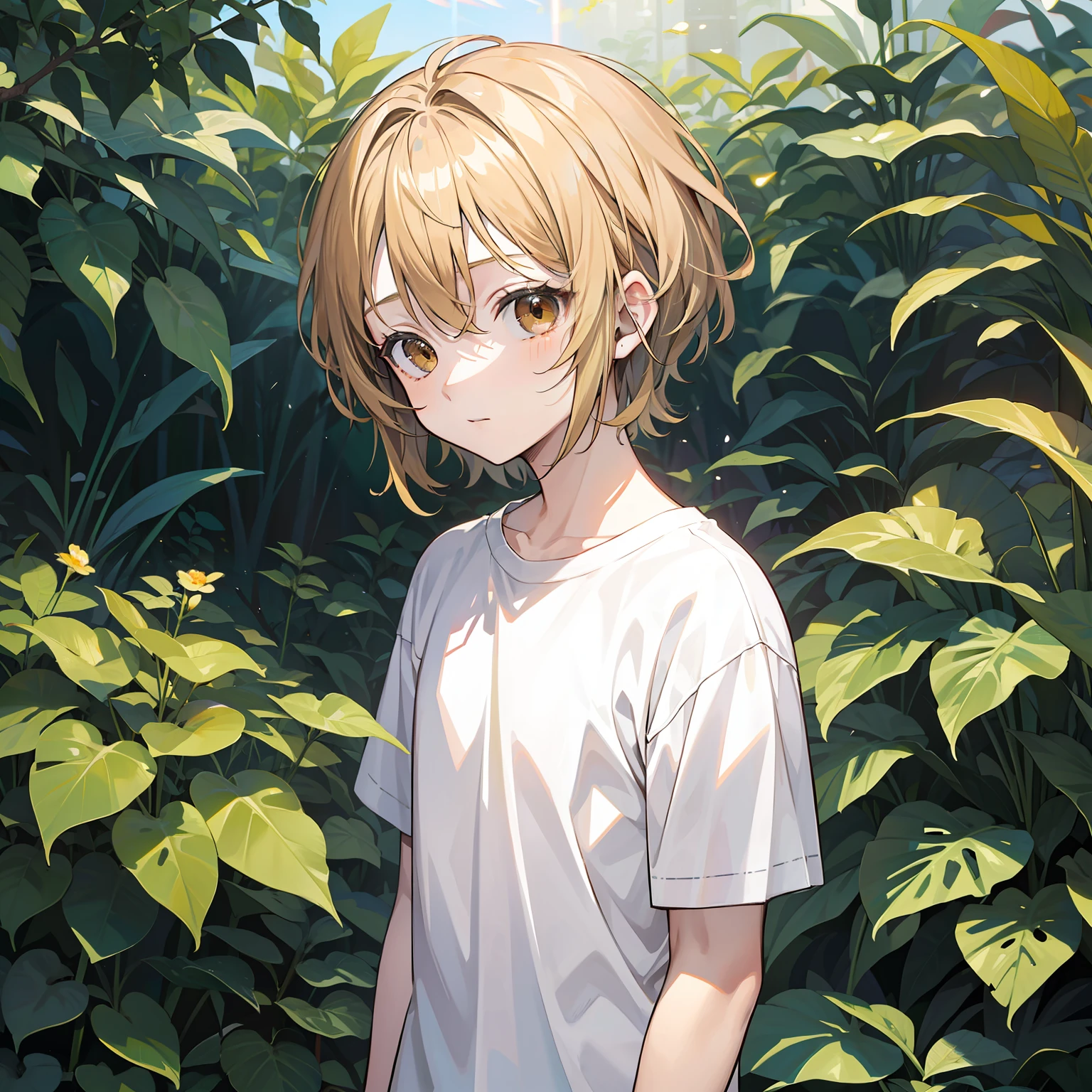 12 year old boy(Relaxed、sun beam、Kind),Short blonde hair,Light brown eyes,White T-shirt,bivouac,tmasterpiece,hightquality