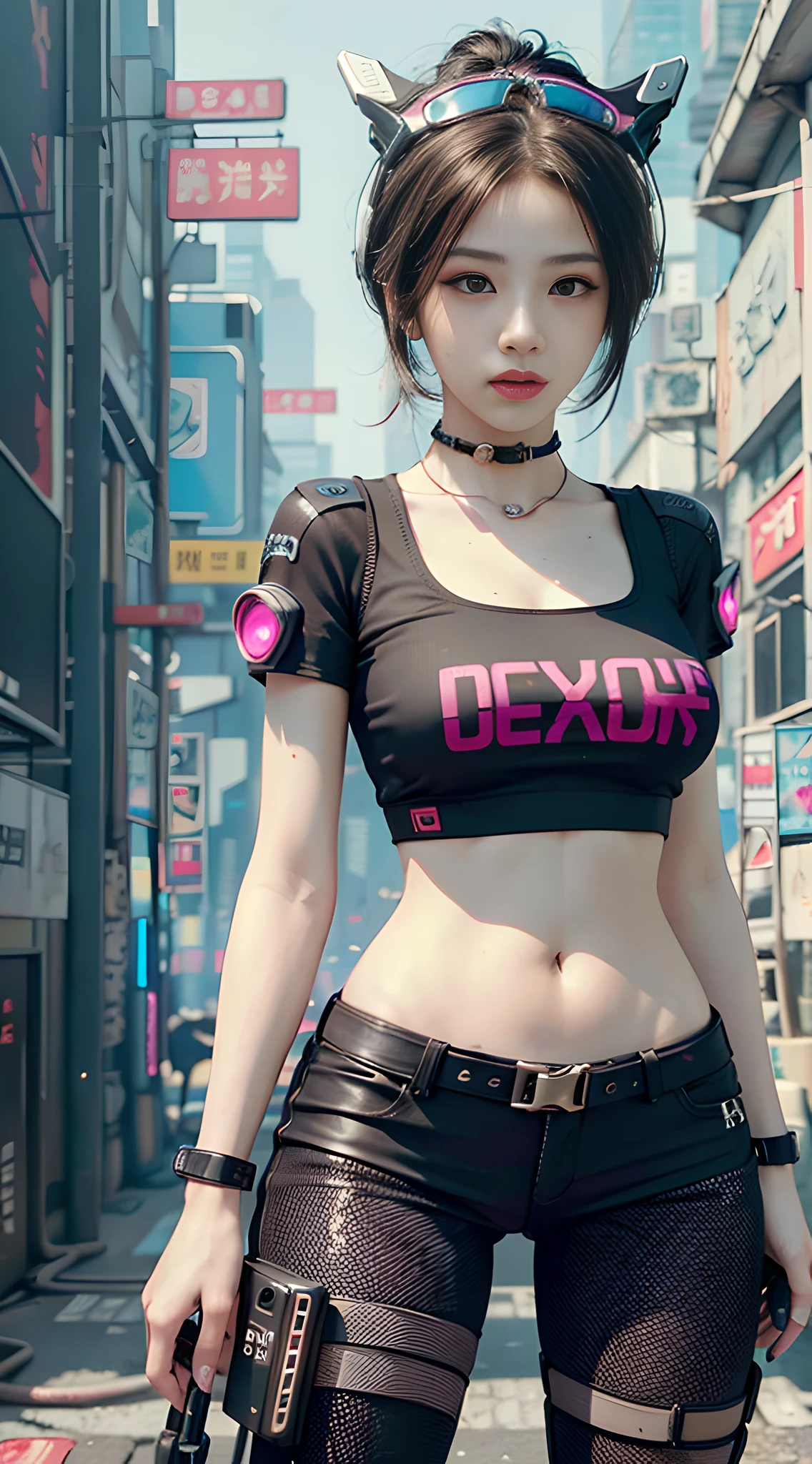 ((Best quality)), ((masterpiece)), (highly detailed:1.3), .... 3D, beautiful (cyberpunk:1.3) , Stylish woman looking at camera, black pants, black t-shirt