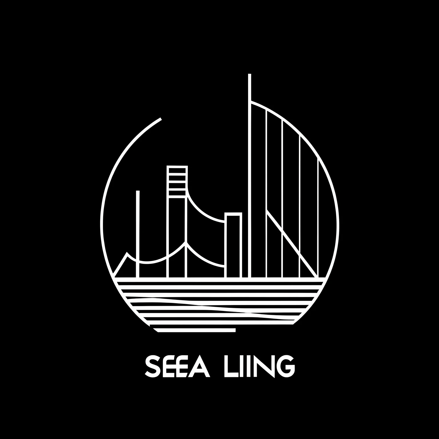 logoarchive, black and white logo, A logo featuring a building on sea lines, positioned against the black background.