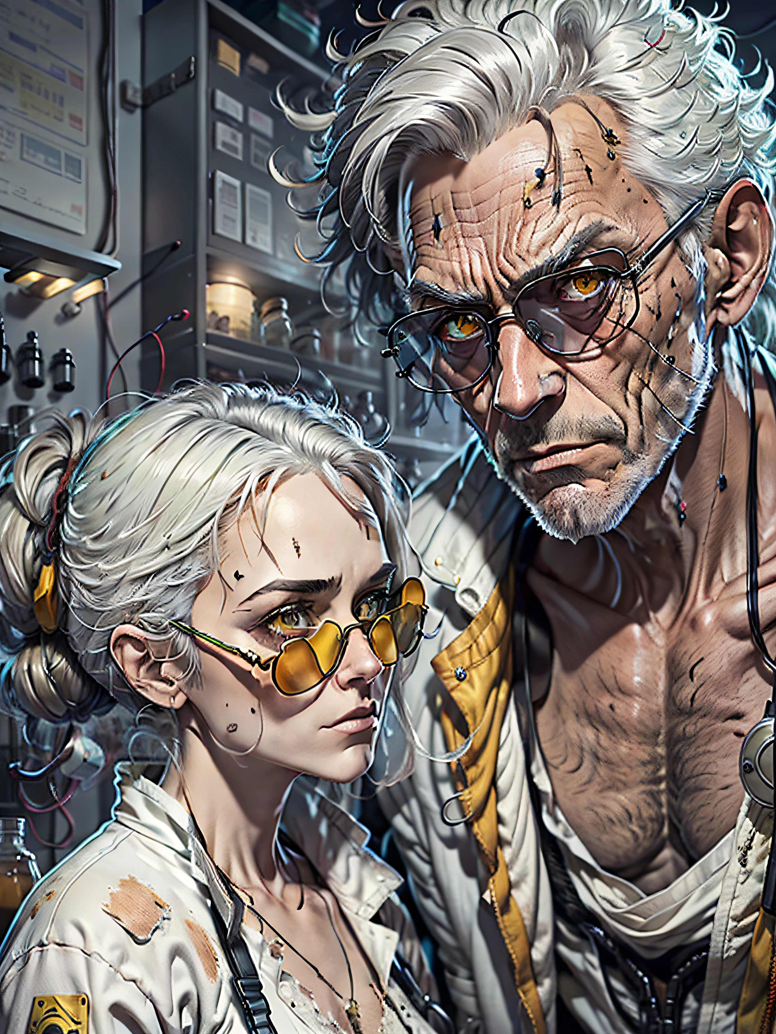 Mad scientist old man wearing exotic glasses, her hair is white and goosebumps, his white lab coat is all tattered, wears a yellow watch, The setting is your laboratory of crazy experiments, The details are meticulously crafted, The textures are extremely detailed