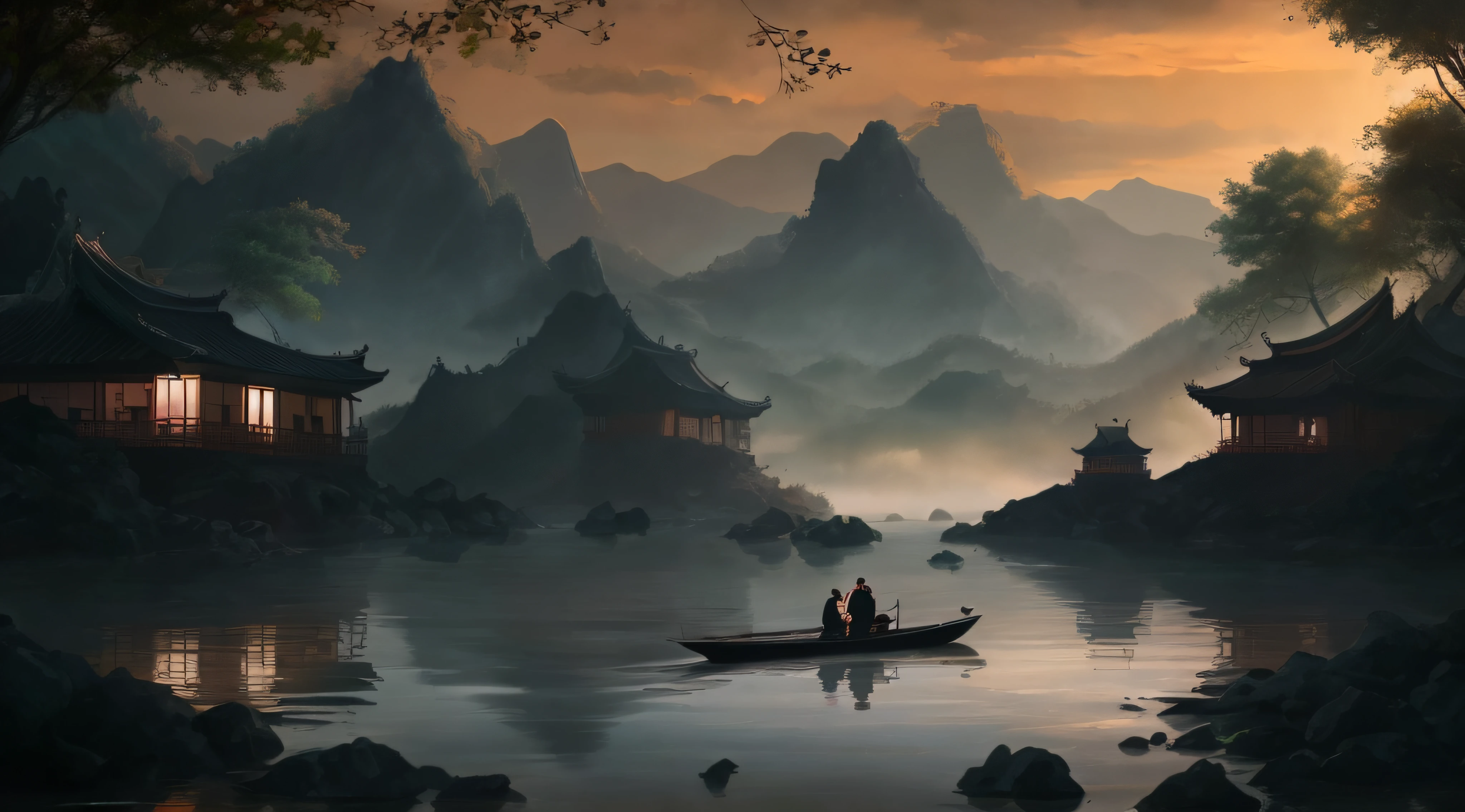 painting of a man and woman in a boat on a river, by Yang J, 4k highly detailed digital art, Detailed painting 4 k, inspired by Raphael Lacoste, 4k hd matte digital painting, Chinese landscape, inspired by Fenghua Zhong, Detailed scenery —width 672, author：Qu Leilei, inspired by Andreas Rocha, author：Song Xu