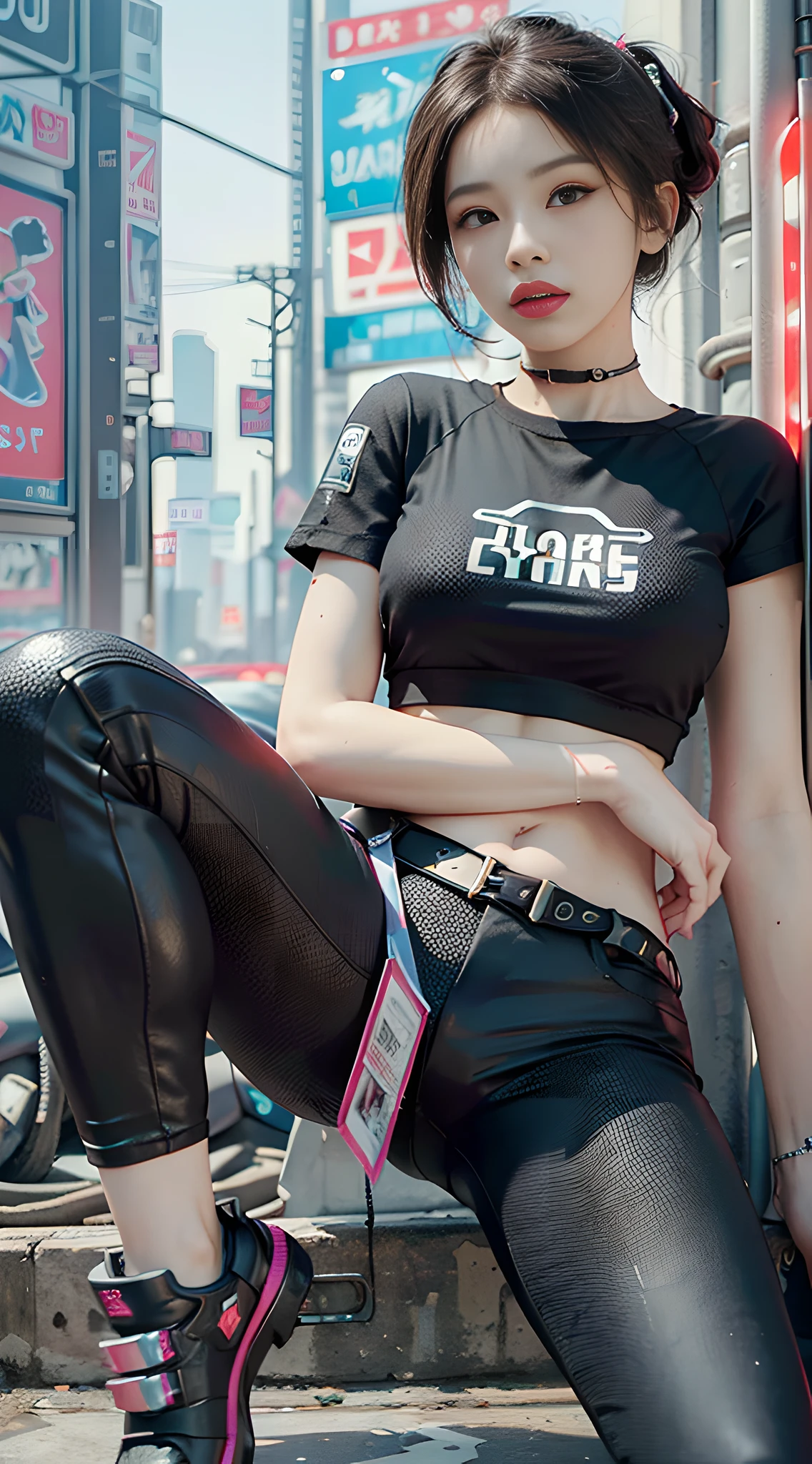 ((Best Quality)), ((Masterpiece)), (detailed), Realistic, Surreal, Surreal, Masterpiece, 8k, Beautiful Face, ((Best Quality), ((Masterpiece), (Very Detailed:1.3), .... 3D, Beautiful (Cyberpunk: 1.3), stylish woman looking at camera, black pants, black t-shirt