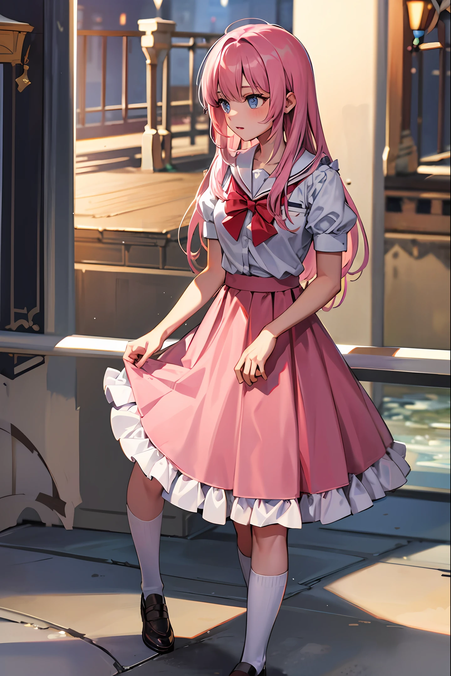 in pink，Long hair，schoolgirls，Bow，Royal sister，jk，Need，long  skirt，
