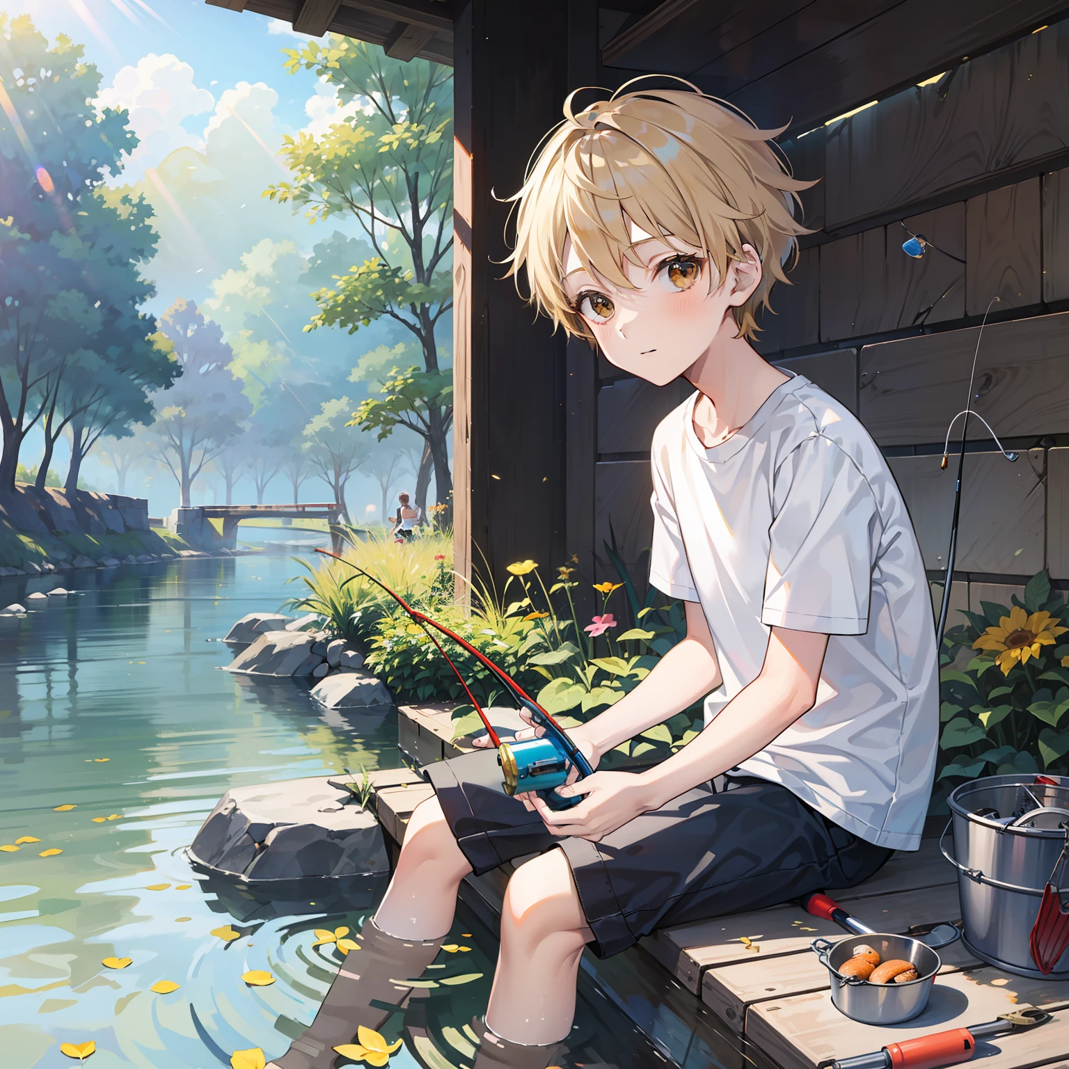 12 year old boy（Relaxed、sun beam、Kind），Short blonde hair，Light brown eyes，White T-shirt，By the small river，Fishing with a fishing rod，There is a small bucket next to it，tmasterpiece，hightquality