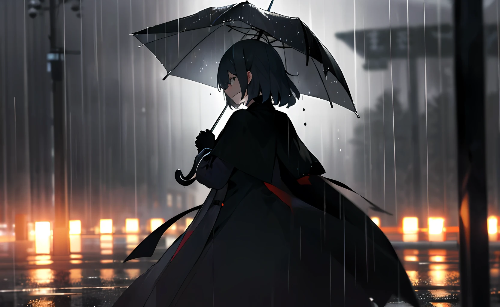 rainy evening，wind coat，Back Shadow，4k，8k，oras，A small amount of light，Can't see the physiognomy，wide wide shot，Cover the whole body，black capelet，Rain，sad，dreary，Pedestrians hurry，bblurry