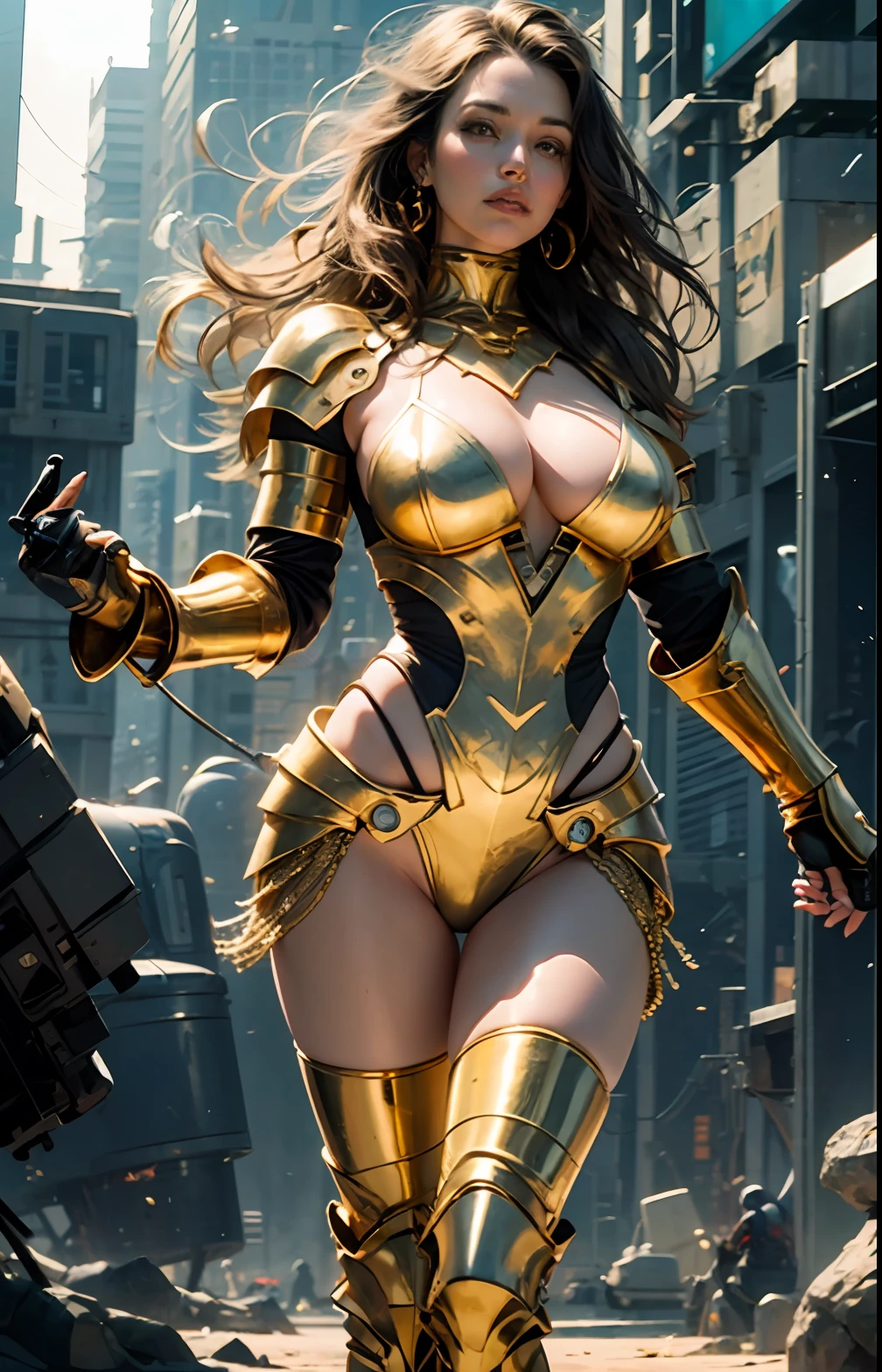 Best quality, delicate face, 38-year-old girl, body, armor made of metal, large bust, gold metal gauntlet, gold metal briefs, gold metal boots, seaside, standing, beach, huge UFO floating in the air, cyberpunk, sci-fi