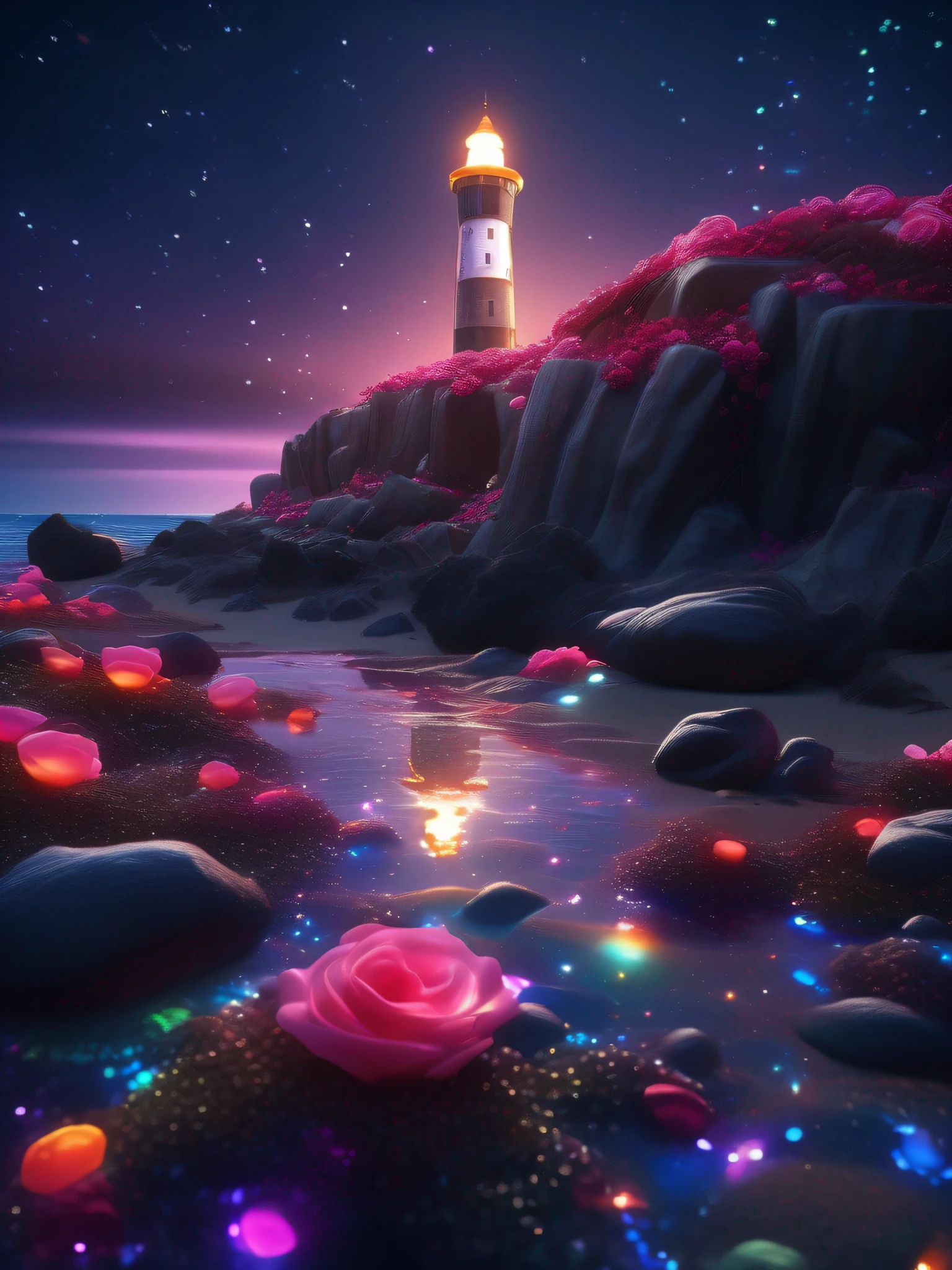 a beach covered in lots of Color rocks under a night sky, Rocks surrounded by roses, Towering lighthouse + lighting, Fluorescent Sea, Moonlight shines on a sea of twinkling stars, a matte painting by Michael James Smith, Reflection, featured on cg society, Volumetric light, space art, bioluminescence, unreal engine 5, Magic of light, rendered in unreal engine, Ultra-wide viewing angle, Ultra-wide viewing angle, --ar 9:16 --test --upbeta --upbeta